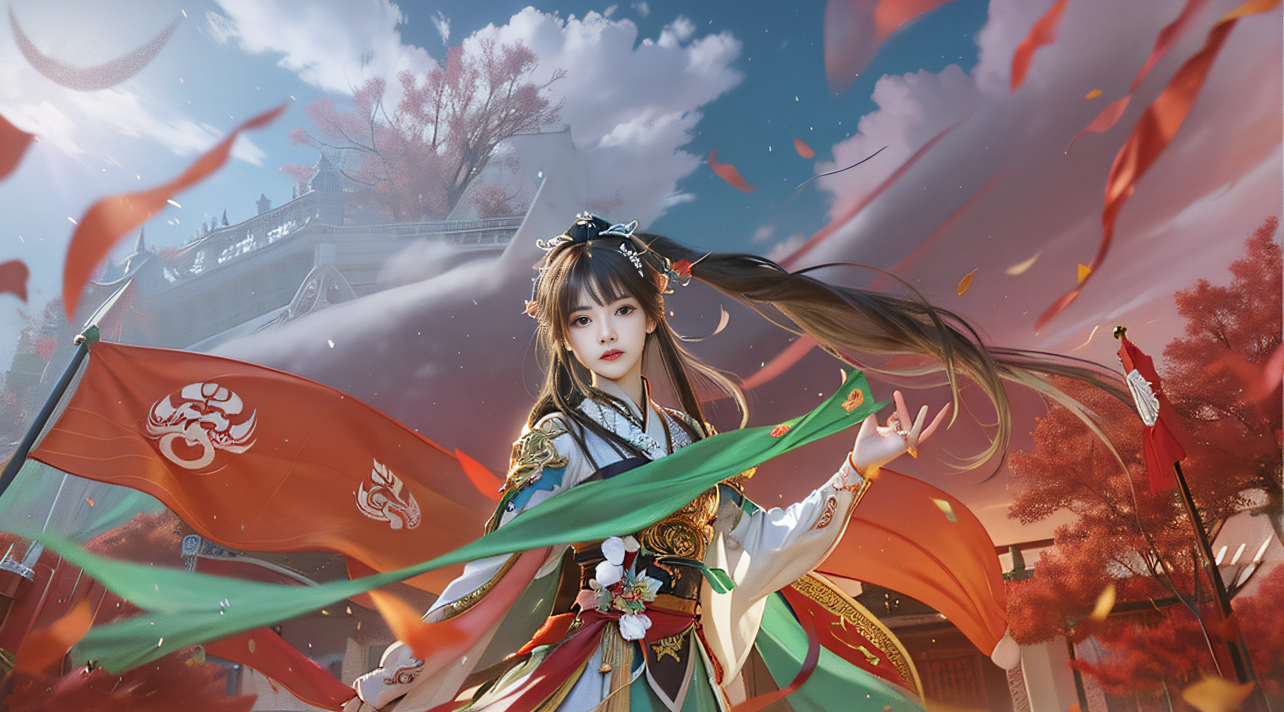 Anime girl with long hair and flag in the wind, A beautiful artwork illustration, Palace , A girl in Hanfu, author:Shitao, Beautiful digital artwork, author:Qu Leilei, by Yang J, zhao yun, G Liulian art style, inspired by Ju Lian, By Leng Mei, style of anime4 K