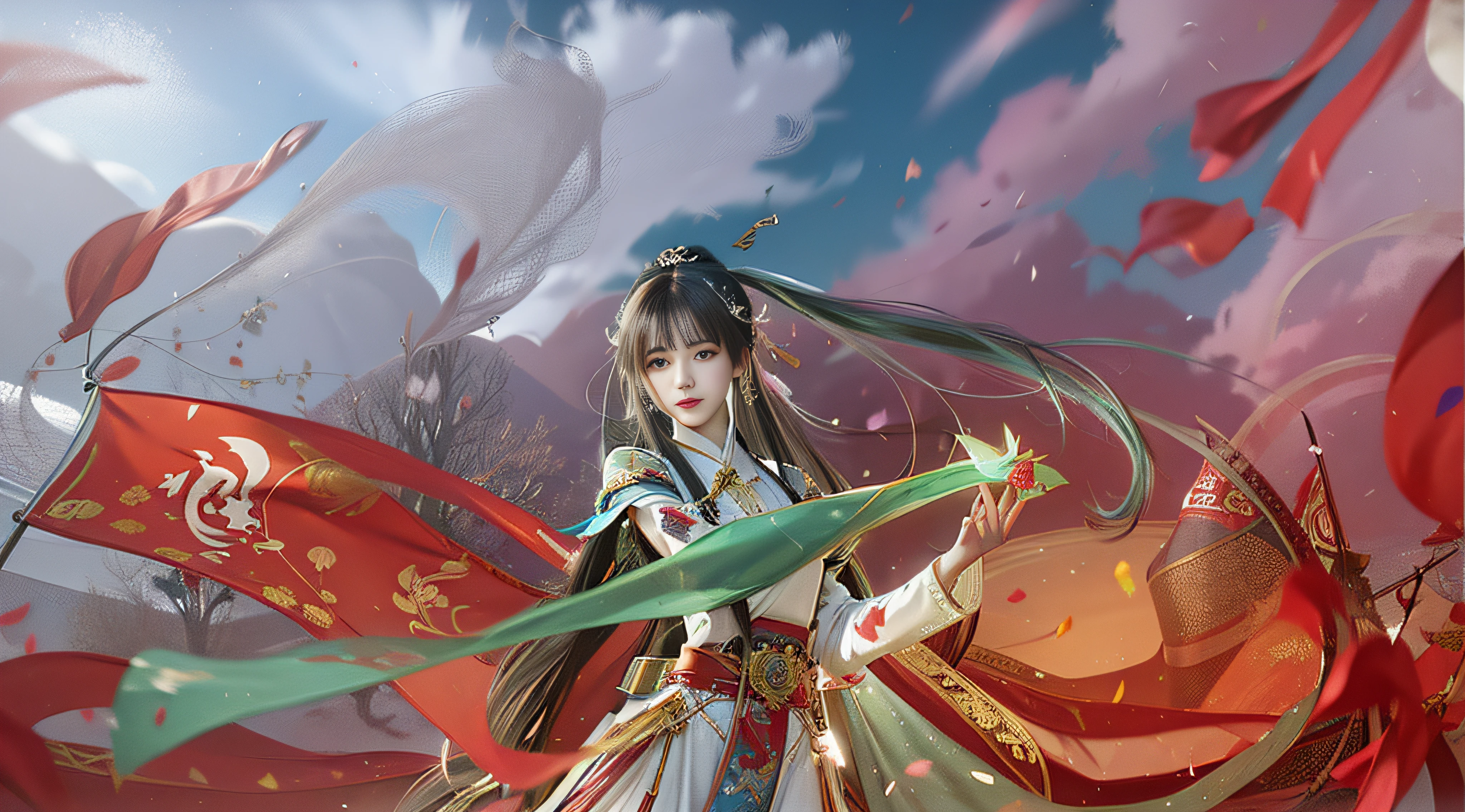 Anime girl with long hair and flag in the wind, A beautiful artwork illustration, Palace ， A girl in Hanfu, author：Shitao, Beautiful digital artwork, author：Qu Leilei, by Yang J, zhao yun, G Liulian art style, inspired by Ju Lian, By Leng Mei, style of anime4 K