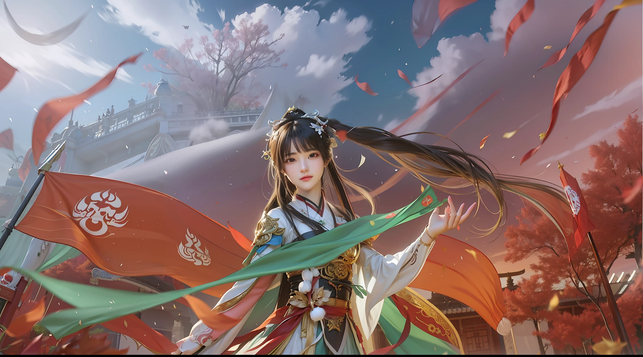 Anime girl with long hair and flag in the wind, A beautiful artwork illustration, Palace , A girl in Hanfu, author:Shitao, Beautiful digital artwork, author:Qu Leilei, by Yang J, zhao yun, G Liulian art style, inspired by Ju Lian, By Leng Mei, style of anime4 K