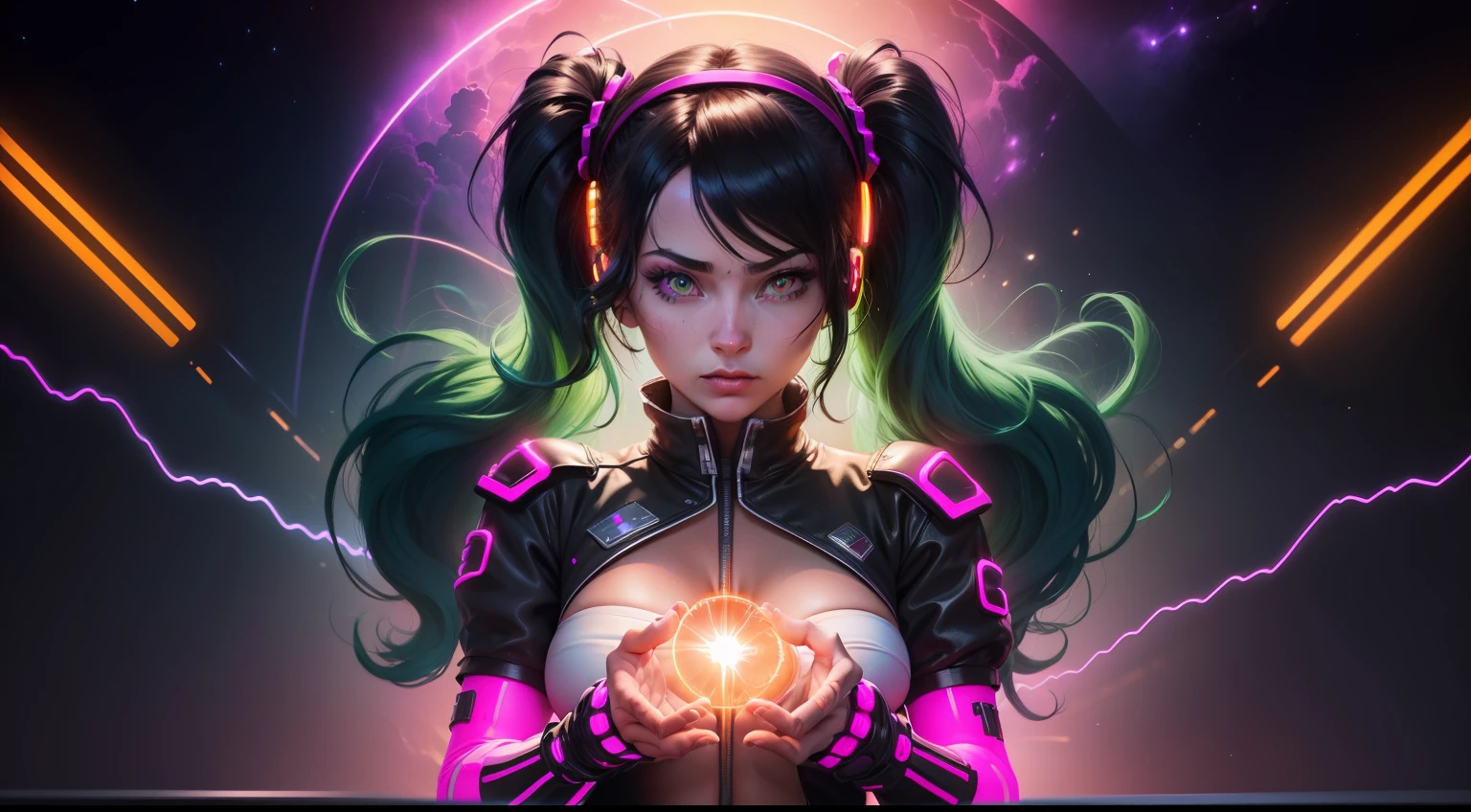 a close up of a person touching a finger with a neon light, glowing hands, reaching out to each other, light emitting from fingertips, glowing fingers, hands reaching for her, coherent hands, touching, creation of the universe, magic art flowing from hands, the creation of the universe, finger of god, ( ( ( synthwave ) ) ), artistic depiction girl , artificial eye , artist name , ass , black hairband , breasts , coloured sclera , colourful , cowboy shot , glooz art , green hair , hairband , huge ass , long hair , looking back , mechanical eye , medium breasts , , orange eyes , orange sclera , shiny skin , solo , twin tails