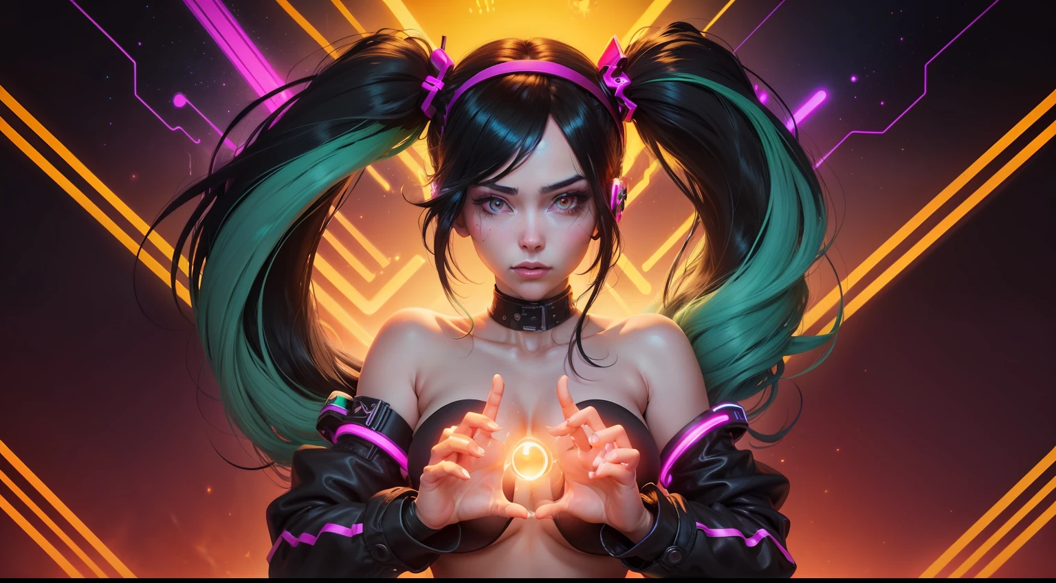 a close up of a person touching a finger with a neon light, glowing hands, reaching out to each other, light emitting from fingertips, glowing fingers, hands reaching for her, coherent hands, touching, creation of the universe, magic art flowing from hands, the creation of the universe, finger of god, ( ( ( synthwave ) ) ), artistic depiction girl , artificial eye , artist name , ass , black hairband , breasts , coloured sclera , colourful , cowboy shot , glooz art , green hair , hairband , huge ass , long hair , looking back , mechanical eye , medium breasts , , orange eyes , orange sclera , shiny skin , solo , twin tails