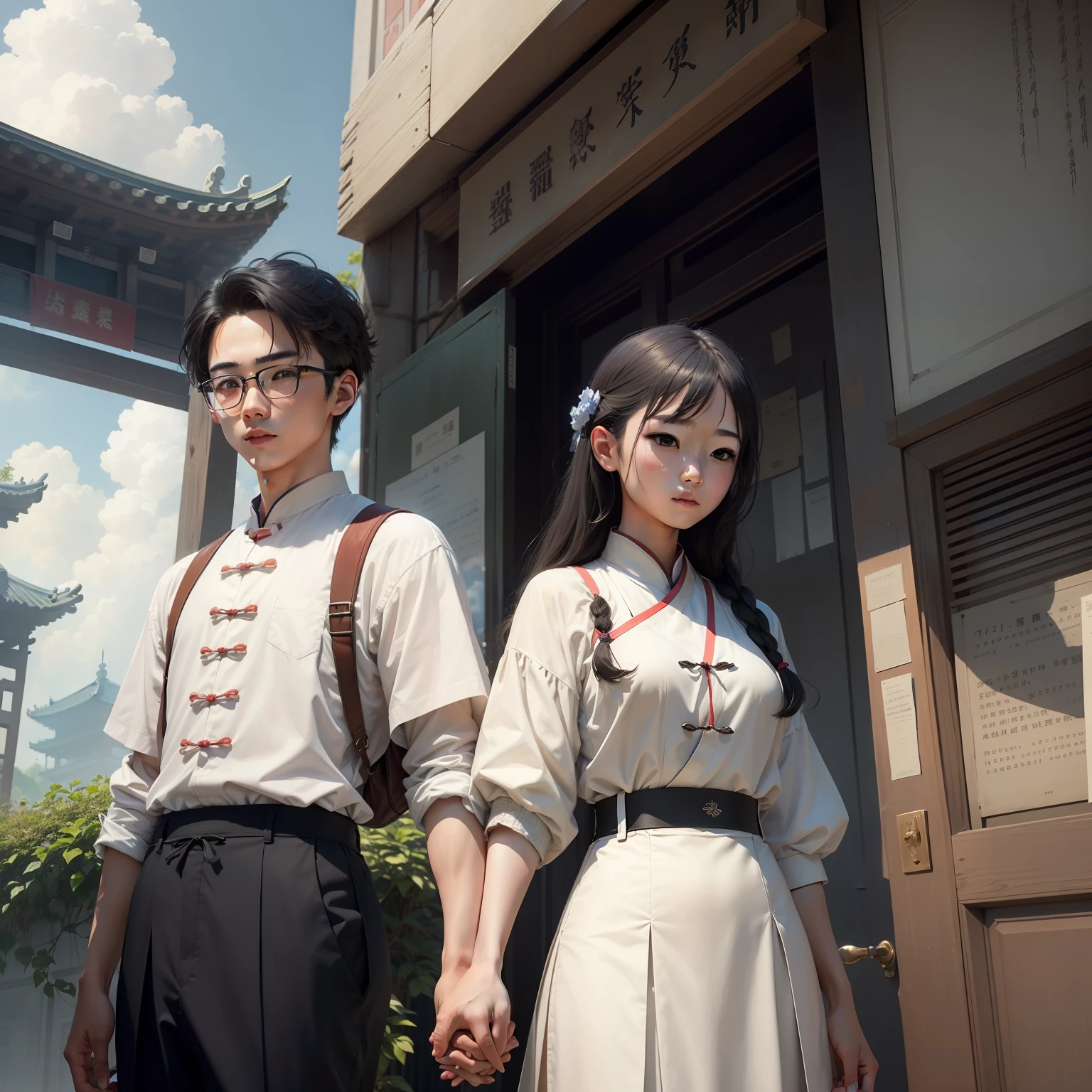 A boy who looks like a young scholar in ancient China and a girl who looks like a modern white-collar worker hold hands,The boy holds a couplet in his other hand,It reads, "Thousands of miles away.",Accepting of all rivers",The girl holds another couplet in her other hand,It reads, "Gathering talent is strong.",Fuji Zeconn",The background is a large building with a sense of technology,The corner of the building has the inscription "Fii-CNS",A slightly top-down view of the entire picture,with blue sky and white clouds