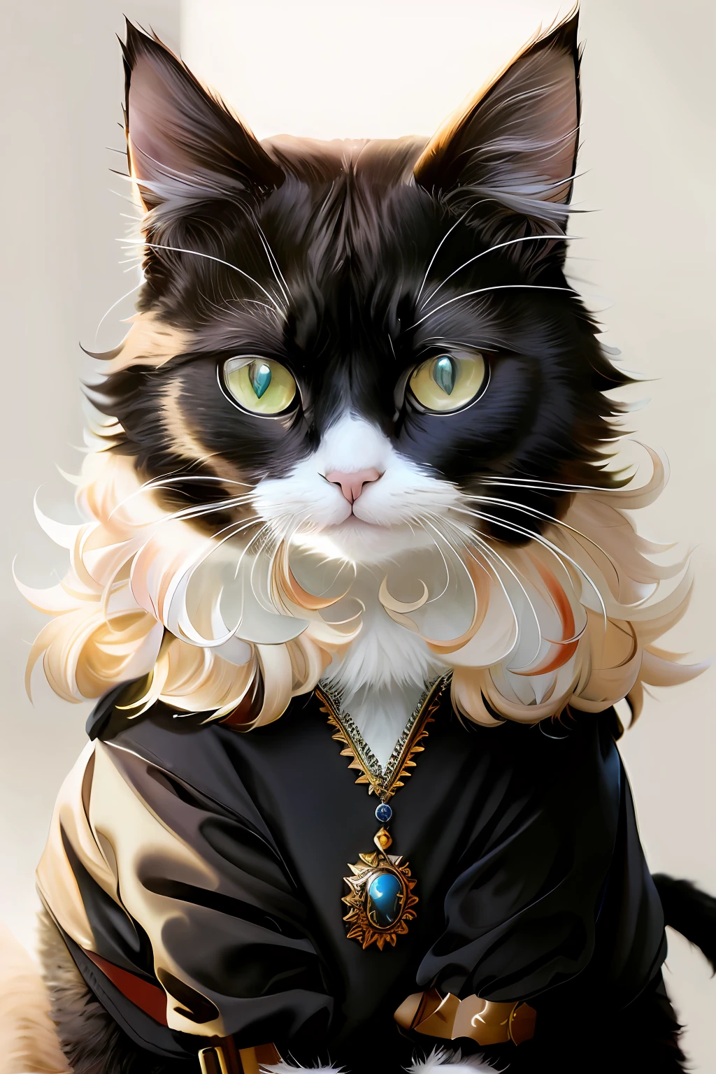 ((Cat in clothes)), fluffy hair, Anthropomorphic representation, richly colored, exquisite detailing, masterpiece, realisitic,2k, 4k, FHD, Artistically, CG, realisitic, unrealengine, realistic light and shadow, Beautiful rich colors, amazing detail, Masterpiece 8k UHD, Digital SLR, Soft lighting, hightquality, film grains, FujifilmXT3,large black feathers,Jet-black feathers,Devil's horn