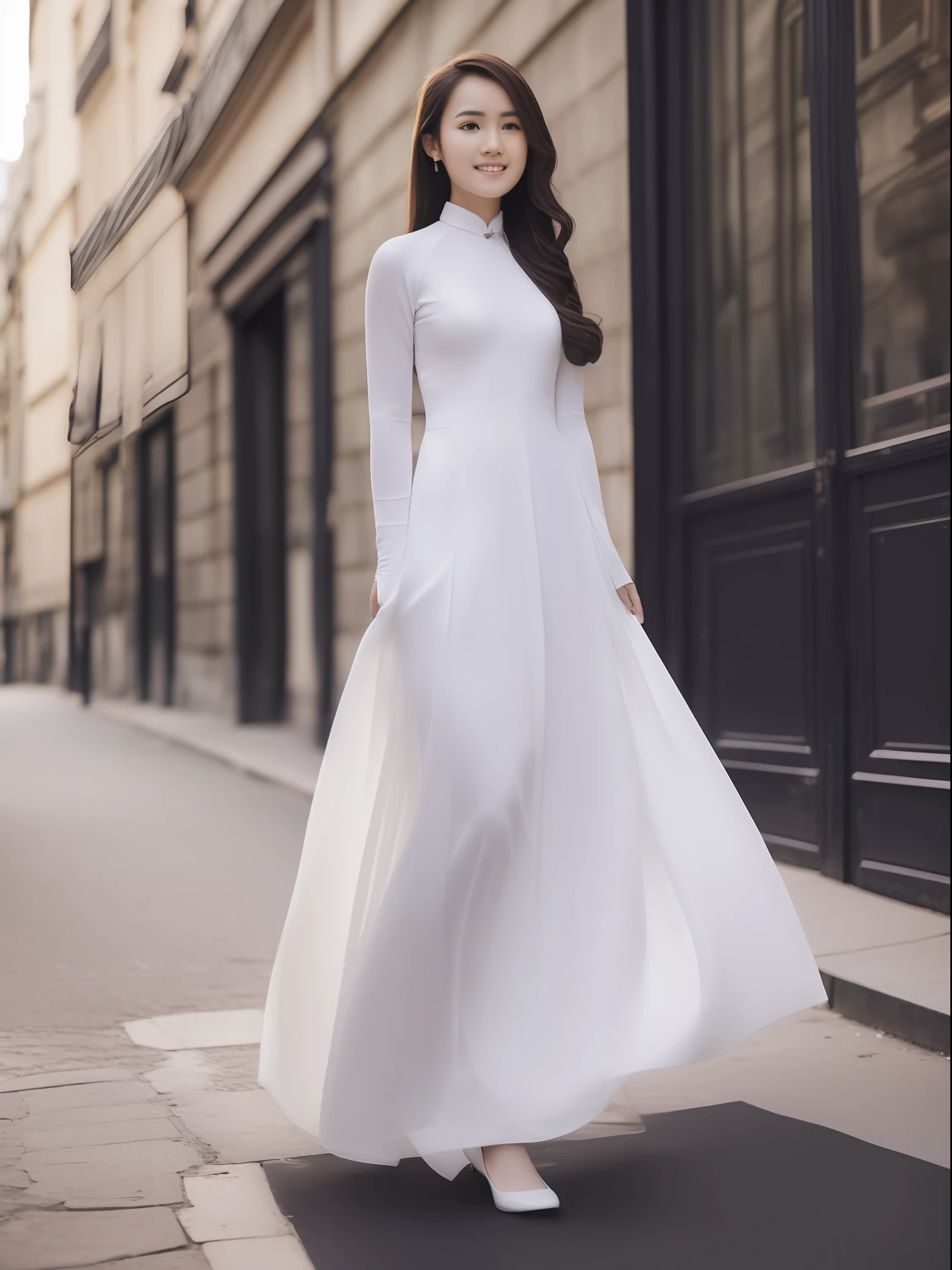 Best quality,masterpiece,ultra high res,(photorealistic:1.4),1 girl, solo,young and beautiful girl , 20 years old , long hair , wearing white Ao Dai , full body portrait , artistic style , bright light , posing on the streets of Paris , Taken with a Canon EOS 5D Mark IV, with the exposure adjusted to soften the light