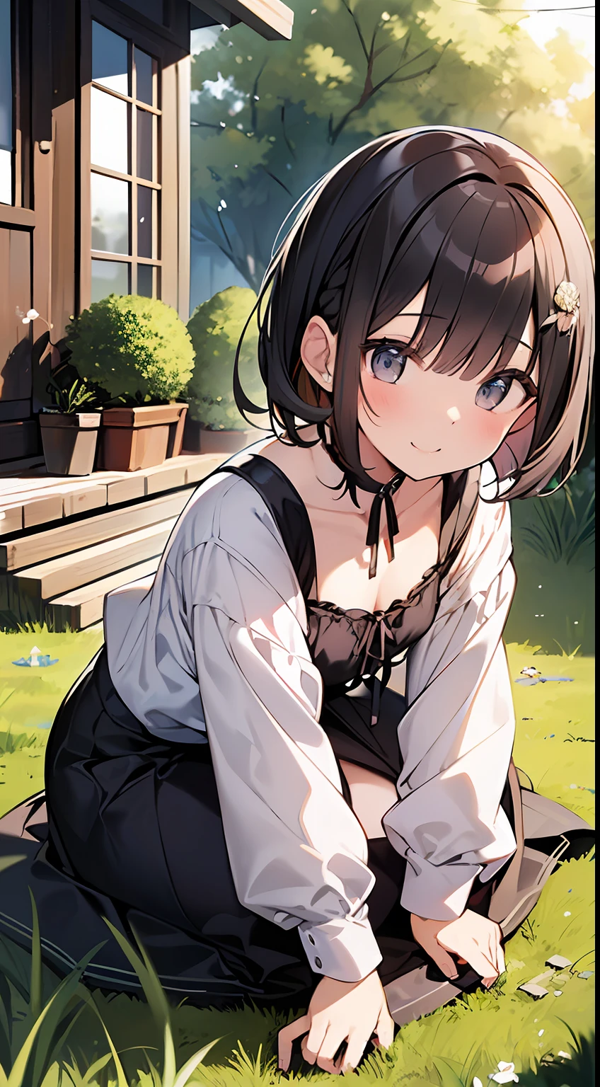 (top-quality、32K image quality、masterpiece、nffsw:1.2)、a cute loli、Medium short hair、short braiding、beauitful face、Ultra-detailed details、(Slouched:1.3)、at the sunset、crouching down、(From above:1.3)、(a closeup:1.4)、small curvy loli、((You can see the chest))、Bust Up Perspective、Loose baggy big shirt、(beautiful nipple slips:0.9)、outside of house、the wind、shinny skin、blurry backround