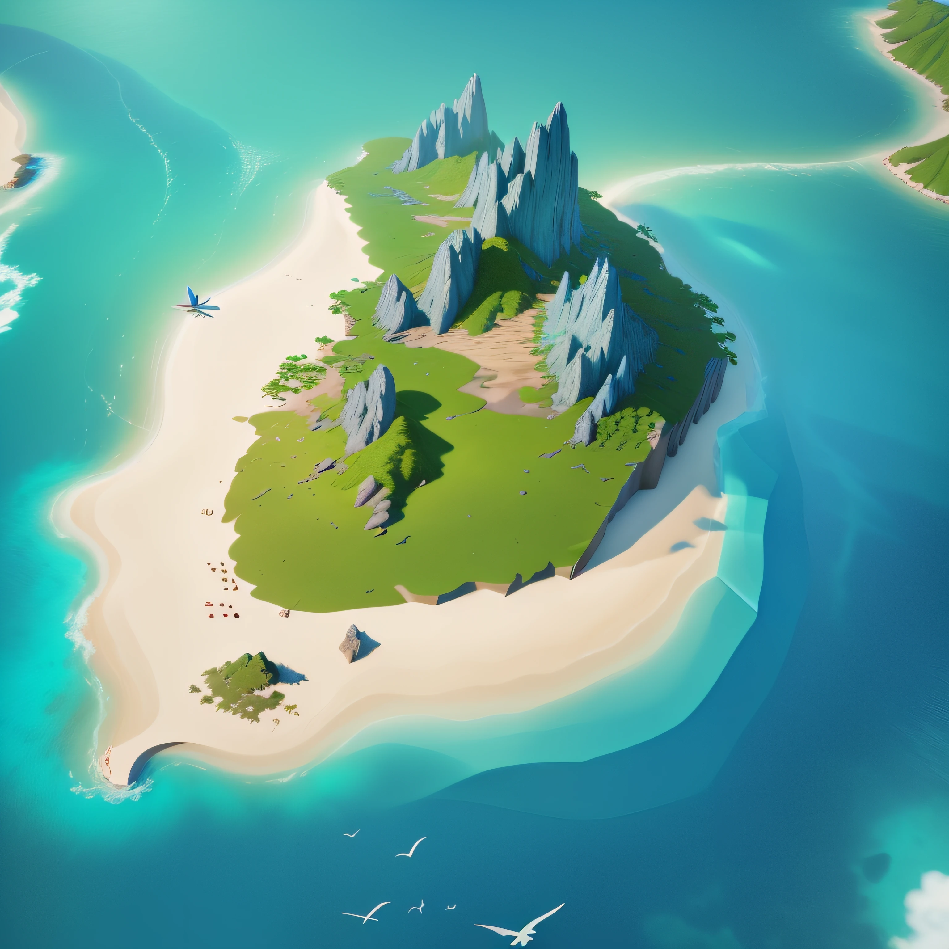 Image of an island，There was a beach and a few birds flying around, Island background, island landscape, stylized 3d render, island with cave, high quality lowpoly art, isometric 3d fantasy island, Stylized art, 3 d render stylized, atey ghailan 8 k, stylized as a 3d render, Stylized game art