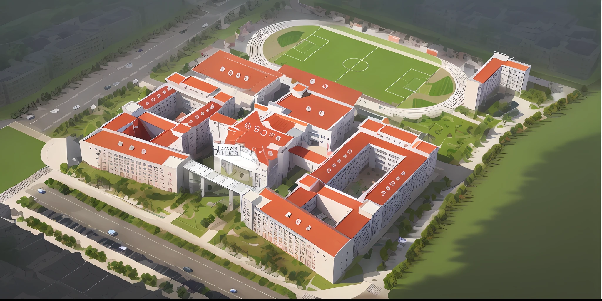 Aerial view with basketball court and school building，Headquarters is extremely detailed，school courtyard，Inspired by Zou Yigui，High school，Student，Japan High School，[down view]！！，nanquan，Eat Zhuoxin，CG rendering，ultra-detailliert！！，Top - View，ultra-detailliert！！！，2 d axonometric overhead view。
