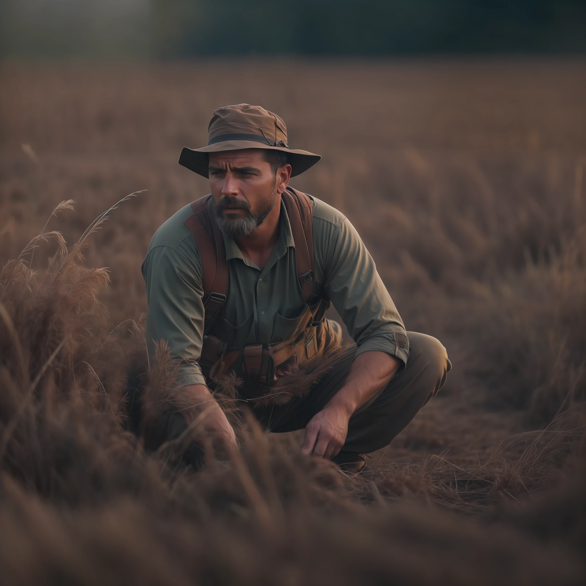 A man is working in the field and he is very tired, realistic, ultra realistic, ultra cinematic, ultra photo