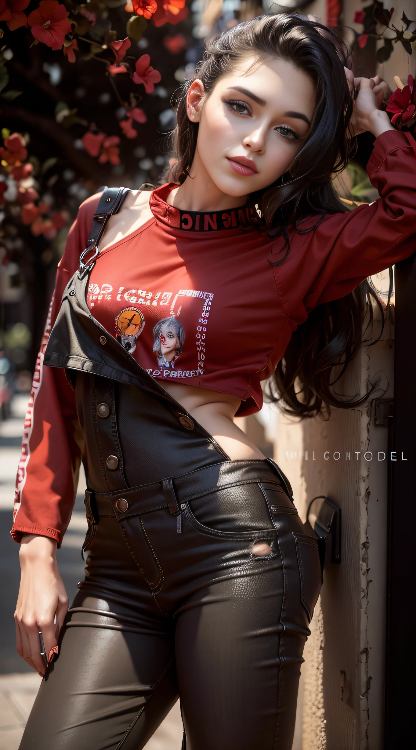arafed woman in a red shirt and black overalls posing for a picture, woman model, fashion model, modeling photography, modeling shoot, casual photography, beautiful girl model, fashion model photography, beautiful model girl, with lovely look, photo of slim girl model, fashion model pose, model photography, photo model, 2 4 year old female model, fashion model features