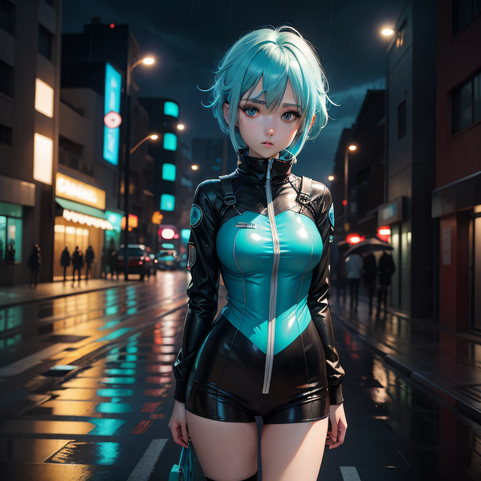 anime girl with blue hair and blue eyes in the rain, an anime drawing inspired by Yuumei, pixiv contest winner, Digital art, Anime girl with teal hair, Hatsune Miku short hair, Anime style portrait, sad cerulean eyes, nightcore, fubuki, Anime moe art style, mikudayo, portrait anime girl，girl portrait, anime styled digital art, Digital anime art，Wear a tight all-pack gel suit，shackle