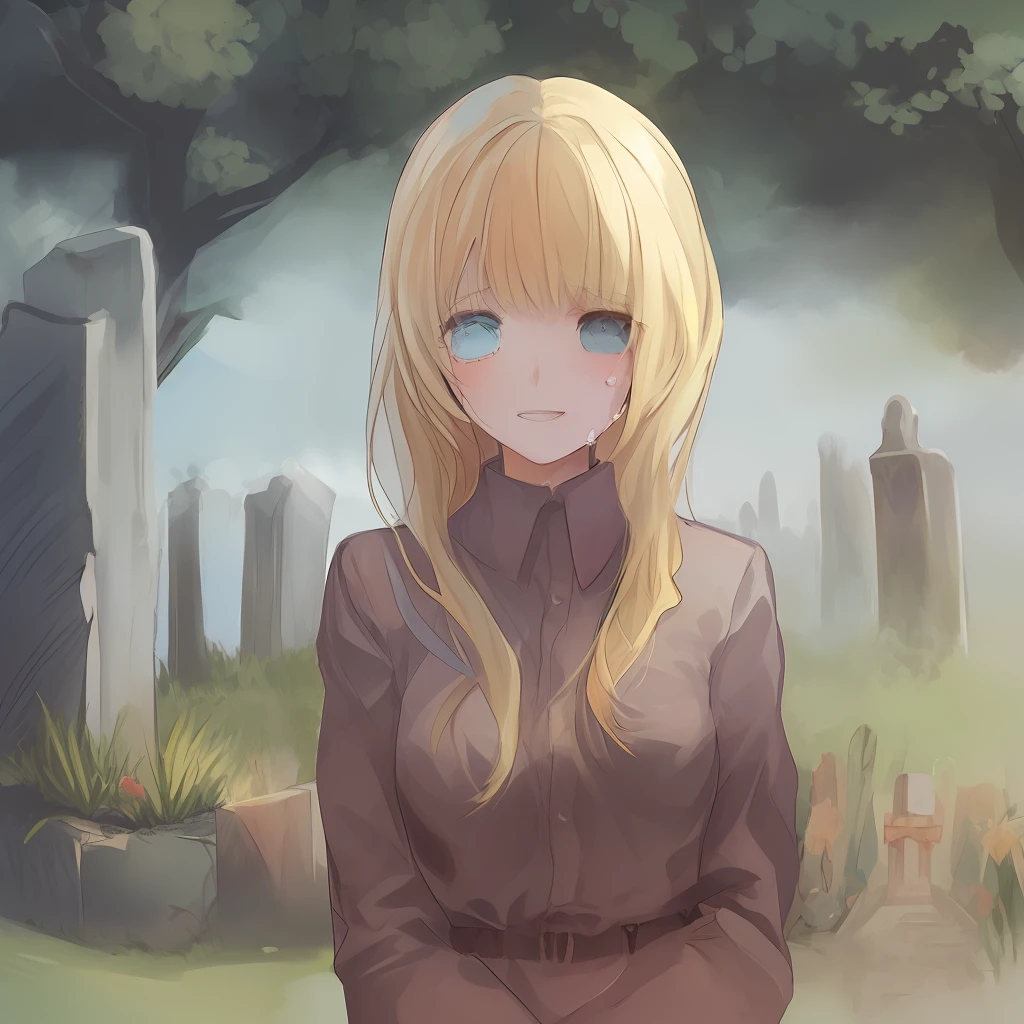 1 blonde, blue eyed girl standing in front of a grave and crying