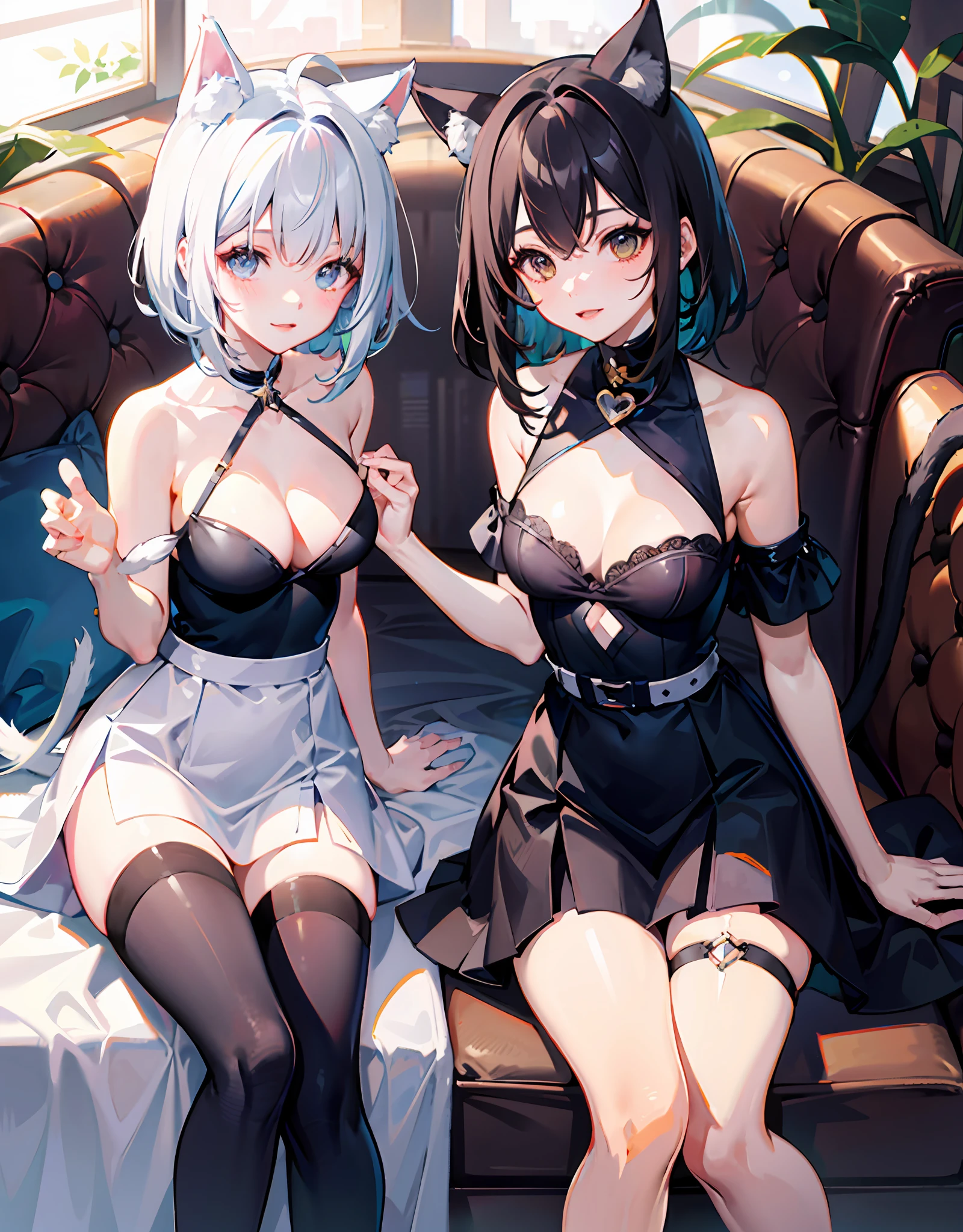(Best quality),(Detailed), (2 girls),Kizi,a cat tail,There are cat ears on the top of the head,white thighhighs, short detailed hair,Medium breasts