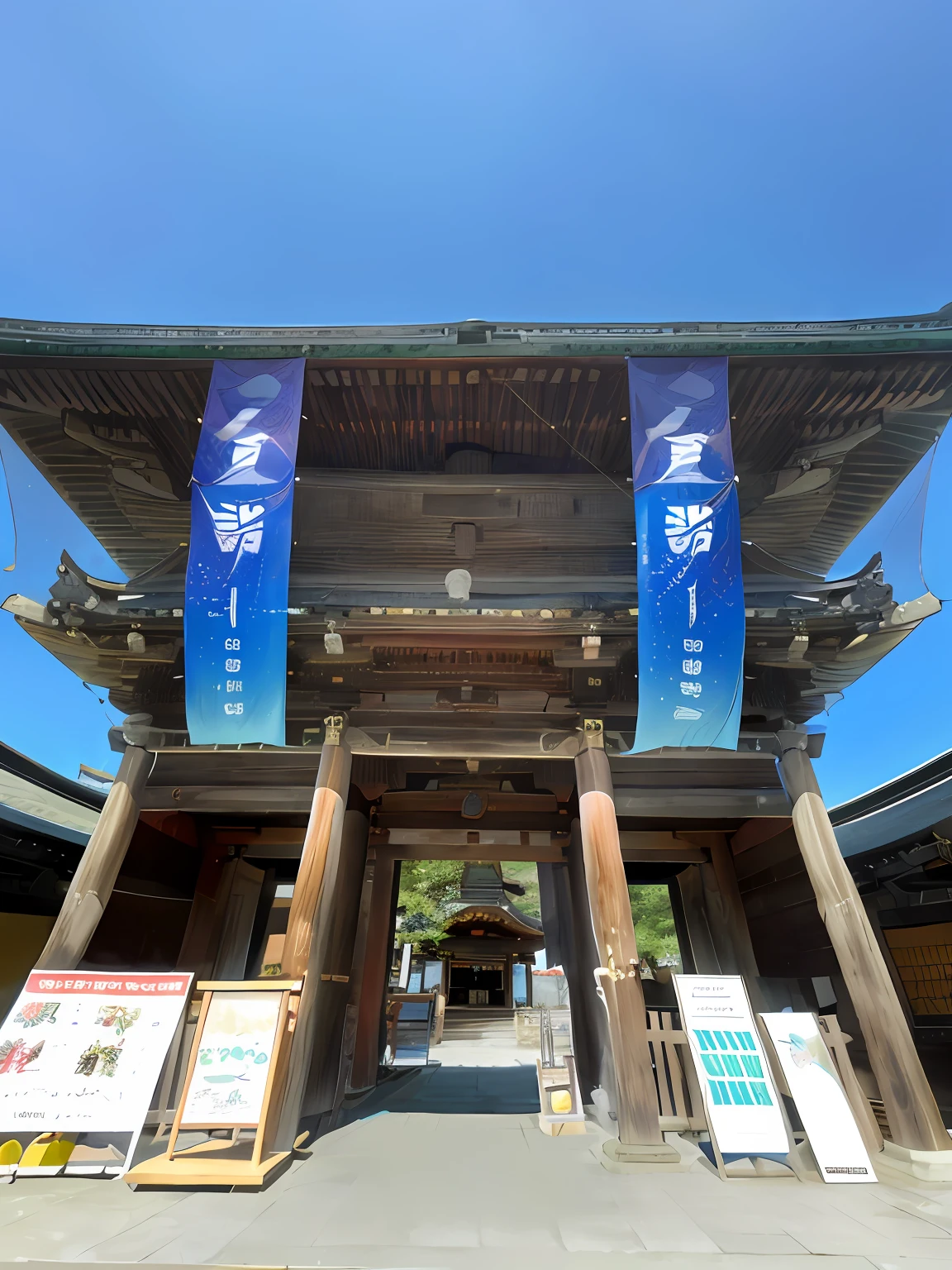 There is a large wooden building with a blue banner, front-facing view, Front view, ancient japanese architecture, front side, front-facing view, full - view, Preserved history, Gate Tower, centered torii gate, japanese temples, Front face, 6 4 0, masamune, shrines, torii gate, by Torii Kiyomasu II
