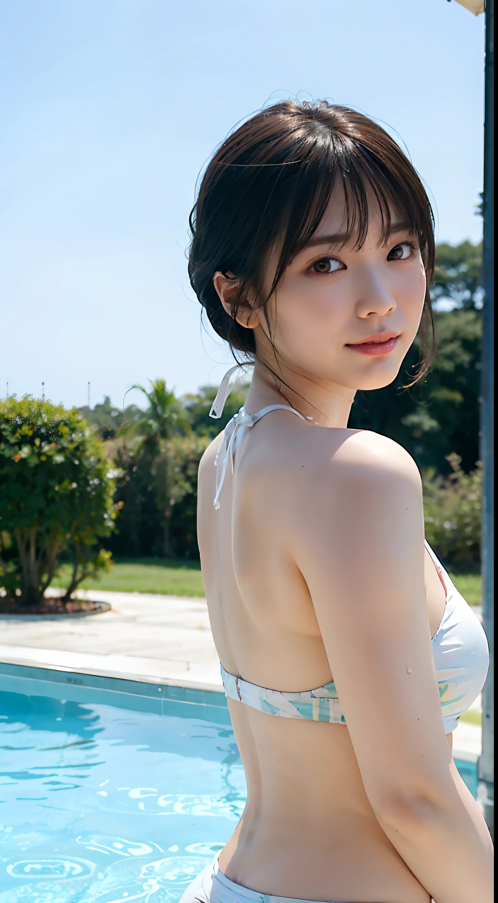 top-quality、女の子 1 a person、tiny chest、tag、with light glowing、blur backgroun、bokeh dof、swimming pools)、(a person々、Large crowds:1)、Tight swimsuit、White Micro Bikini Swimsuit、a gorgeous(short-hair、Forehead:1.0)、Sareme、Beautiful sky with details、wetting hair、 (The upper part of the body:0.8)、Soft lighting、the wind、glowy skin、facing back、Swimsuit with open back、The gaze of the beholder、Slouched