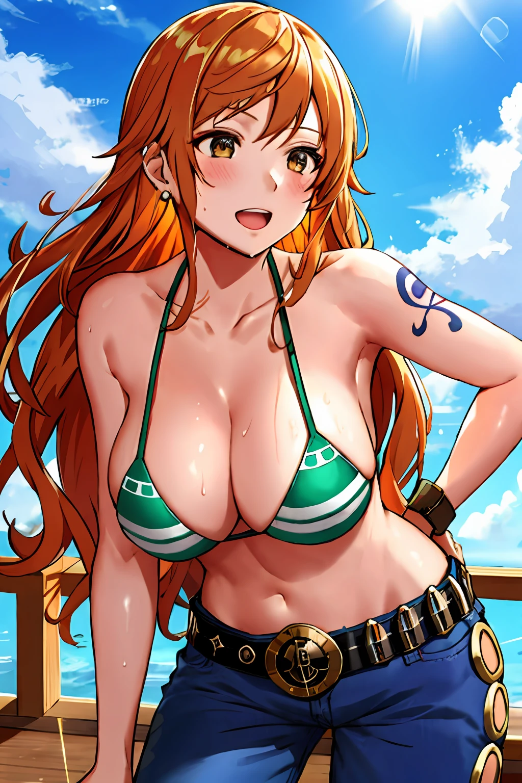 detailed background, masterpiece, 4k, best quality, late youth, adult, wrestler body, 1girl, active, energic, uppercut, (large mouth) , solo, nami \(one piece\), 1girl, bangle, (very wet, drenched in sweat, sweat all over body, very wet hair, tired, taking breath, open mouth, hand on stomach, sweaty face, sweaty body, panting, sweating too much, shiny sweat, sweat stains, leaning forward, tilting, hands on knees), perfect detailed face, bold drawing lines, muscular arms, detailed bold arm lines, flat jaw, adult woman, wavy wide streaked bangs, floating bang streaks, (big cheeks), bare shoulders, off-shoulders, belt, bikini, bikini top only, blue sky, bracelet, springy breasts, breast lines, big round eyes, plain big brown shiny eyes, bubbles, high eye position, cleavage, cloud, day, denim, earrings, floating hair, shiny hair, green belt, green bikini, bold groin lines, jeans, jewelry, large breasts, log pose, long hair, looking at viewer, navel, wet hair, orange hair, pants, shoulder tattoo, sidelocks, sky, solo, standing, stomach, swimsuit, tattoo , looking at viewer, open mouth, detailed left arm, big forehead, hourglass figure, small head, toned body, wide hair, wind effect, sun effect, under the sun, narrow small ears angle, older, random poses,