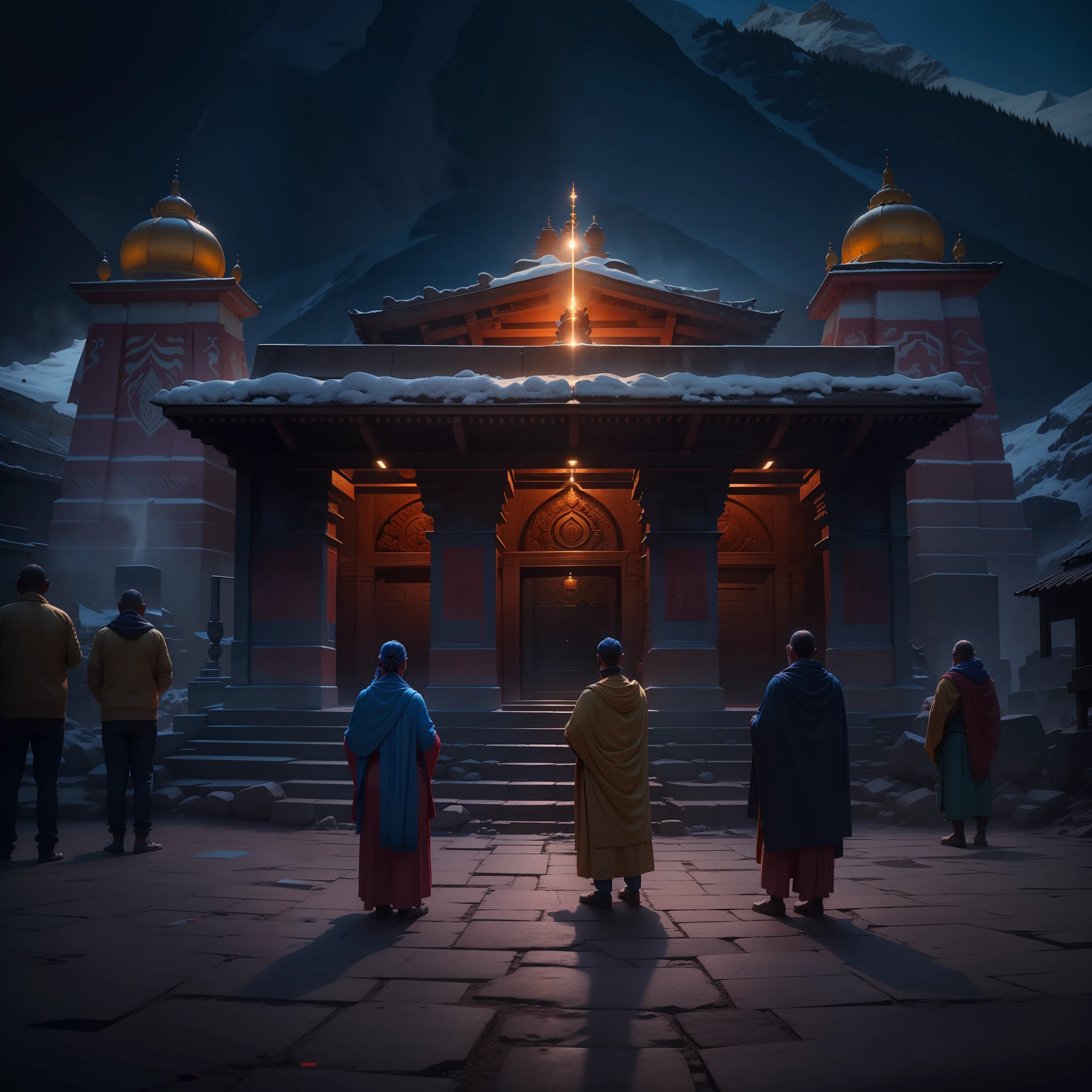Kedarnath temple, people Standing in front of the temple with folded hands, and the temple is open,red light shadow in right side and Blue light shadow in left side, smooth hd, smooth, cenematic, photo realistic, ultra realistic, hd, smooth, cenematic,