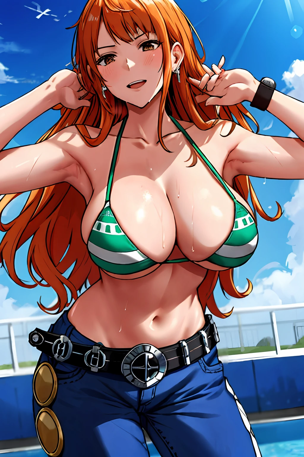 detailed background, masterpiece, 4k, best quality, late youth, adult, wrestler body, 1girl, active, energic, uppercut, (large mouth) , solo, nami \(one piece\), 1girl, bangle, (very wet, drenched in sweat, sweat all over body, very wet hair, tired, taking breath, open mouth, hand on stomach, sweaty face, sweaty body, panting, sweating too much, shiny sweat, sweat stains, leaning forward, tilting, hands on knees), perfect detailed face, bold drawing lines, muscular arms, detailed bold arm lines, flat jaw, adult woman, wavy wide streaked bangs, floating bang streaks, (big cheeks), bare shoulders, off-shoulders, belt, bikini, bikini top only, blue sky, bracelet, springy breasts, breast lines, big round eyes, plain big brown shiny eyes, bubbles, high eye position, cleavage, cloud, day, denim, earrings, floating hair, shiny hair, green belt, green bikini, bold groin lines, jeans, jewelry, large breasts, log pose, long hair, looking at viewer, navel, wet hair, orange hair, pants, shoulder tattoo, sidelocks, sky, solo, standing, stomach, swimsuit, tattoo , looking at viewer, open mouth, detailed left arm, big forehead, hourglass figure, small head, toned body, wide hair, wind effect, sun effect, under the sun, narrow small ears angle, older, random poses,