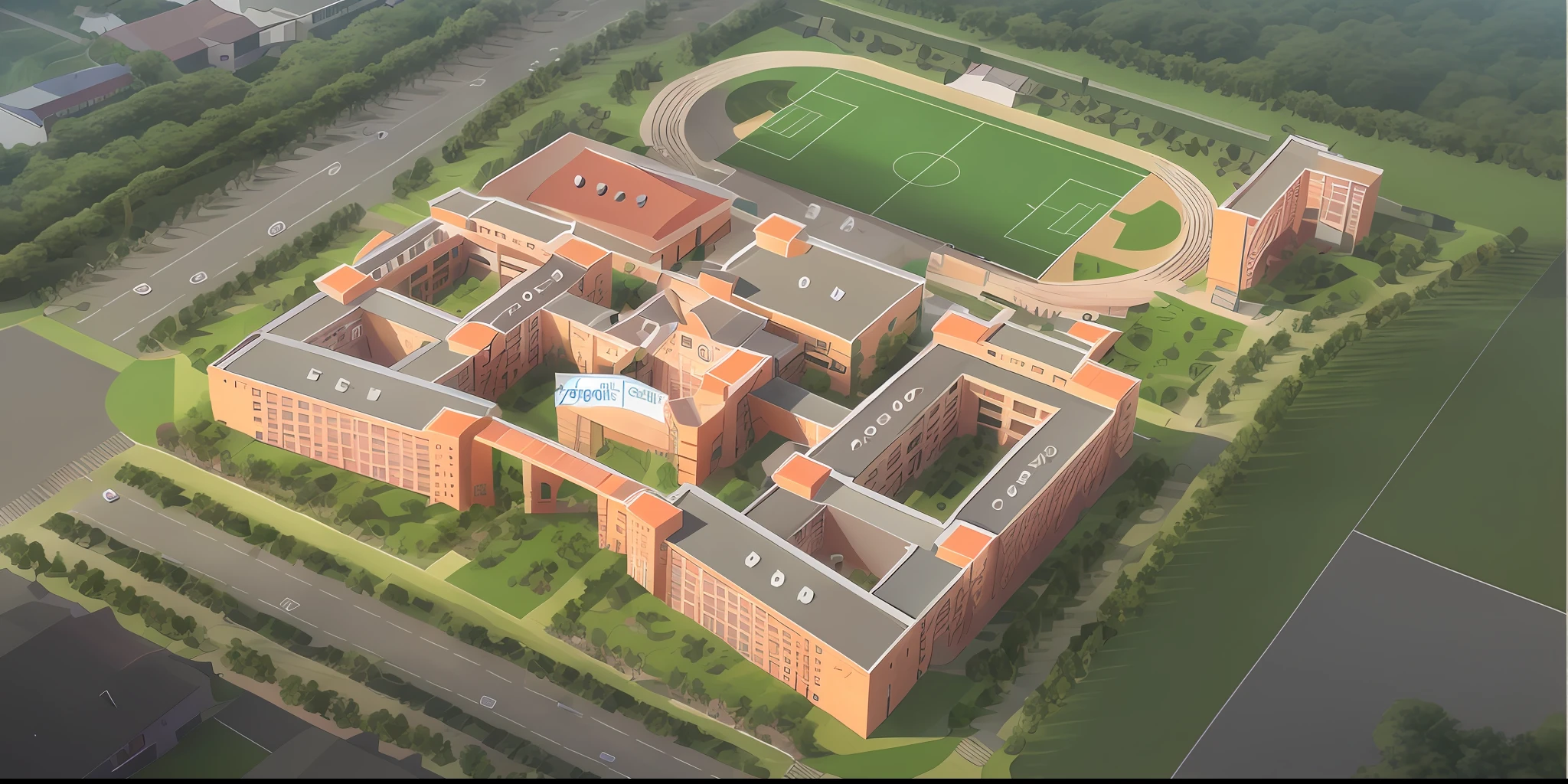 Aerial view with basketball court and school building，Headquarters is extremely detailed，school courtyard，Inspired by Zou Yigui，High school，Student，Japan High School，[down view]！！，nanquan，Eat Zhuoxin，CG rendering，ultra-detailliert！！，Top - View，ultra-detailliert！！！，2 d axonometric overhead view。