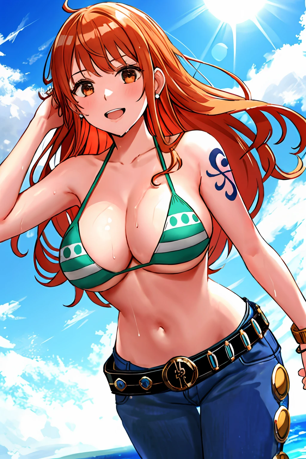 detailed background, masterpiece, 4k, best quality, late youth, adult, wrestler body, 1girl, active, energic, uppercut, (large mouth) , solo, nami \(one piece\), 1girl, bangle, (very wet, drenched in sweat, sweat all over body, very wet hair, tired, taking breath, open mouth, hand on stomach, sweaty face, sweaty body, panting, sweating too much, shiny sweat, sweat stains, leaning forward, tilting, hands on knees), perfect detailed face, bold drawing lines, muscular arms, detailed bold arm lines, flat jaw, adult woman, wavy wide streaked bangs, floating bang streaks, (big cheeks), bare shoulders, off-shoulders, belt, bikini, bikini top only, blue sky, bracelet, springy breasts, breast lines, big round eyes, plain big brown shiny eyes, bubbles, high eye position, cleavage, cloud, day, denim, earrings, floating hair, shiny hair, green belt, green bikini, bold groin lines, jeans, jewelry, large breasts, log pose, long hair, looking at viewer, navel, wet hair, orange hair, pants, shoulder tattoo, sidelocks, sky, solo, standing, stomach, swimsuit, tattoo , looking at viewer, open mouth, detailed left arm, big forehead, hourglass figure, small head, toned body, wide hair, wind effect, sun effect, under the sun, narrow small ears angle, older, random poses,