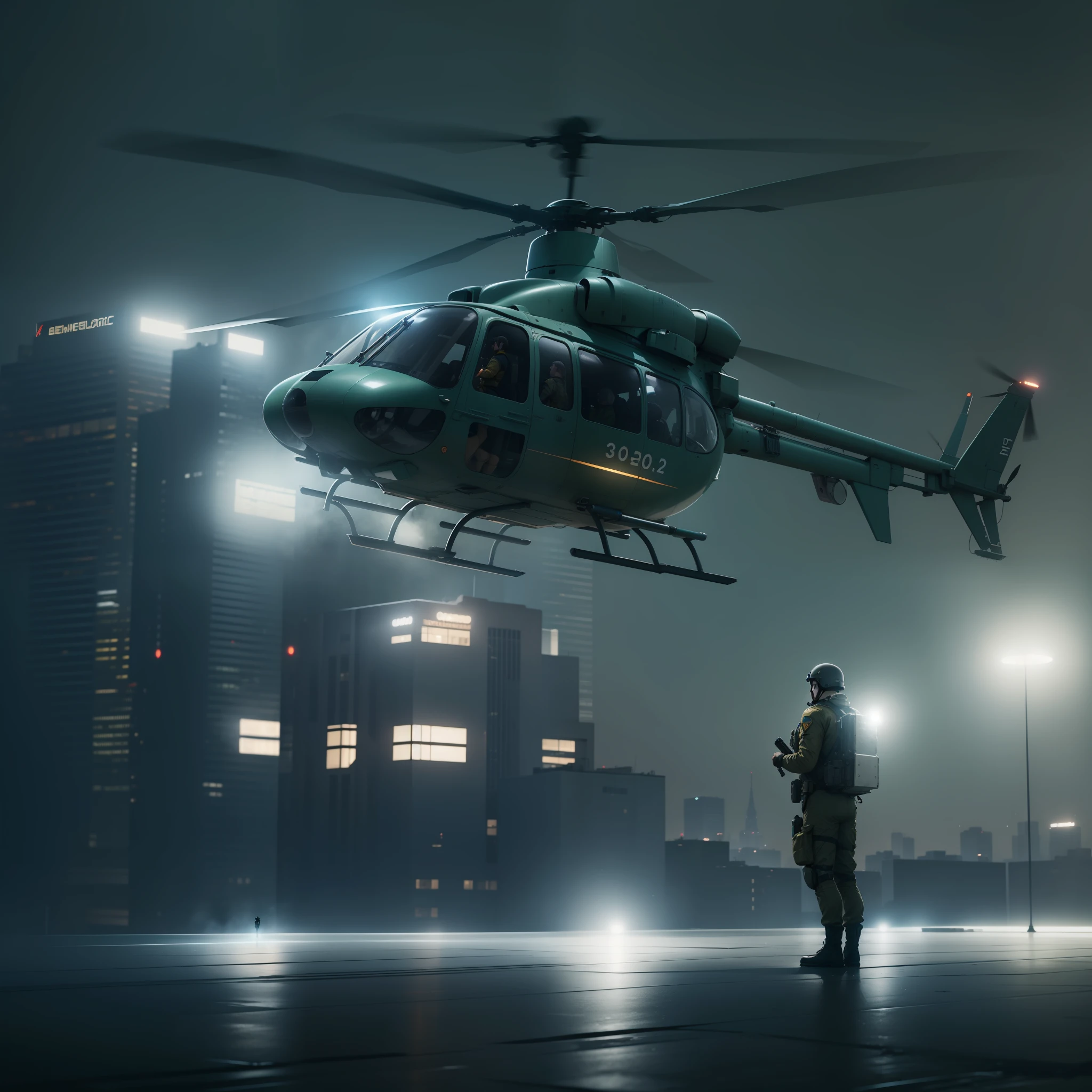 A man standing at top of the building with helocopter and man wearing commando dress, cenematic lights, ultra realistic, hd smooth