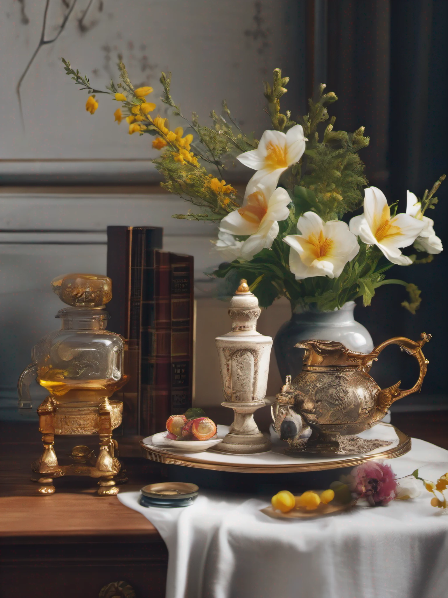 detailed photorealistic orthogonal front view of compact still life with decorative marble statuette, tea service, table clock, candle stick, bottles, flasks, flowers, etc. netral background, cinematic lighting, contrast lighting, dslr, photorealistic, hyperrealistic, lifelike texture, insanely intricate details, amazing fine detail, hyper detailed, sharp focus, ultra high res, photographed with Nikon d5600 f5.6 lens 500mm, Kodak portra 400, RAW