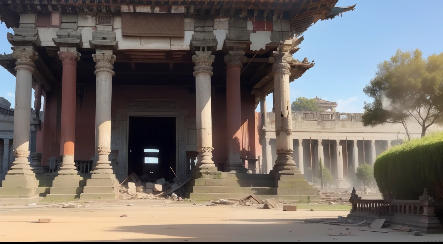 Draw a picture of a destroyed museum or temple.