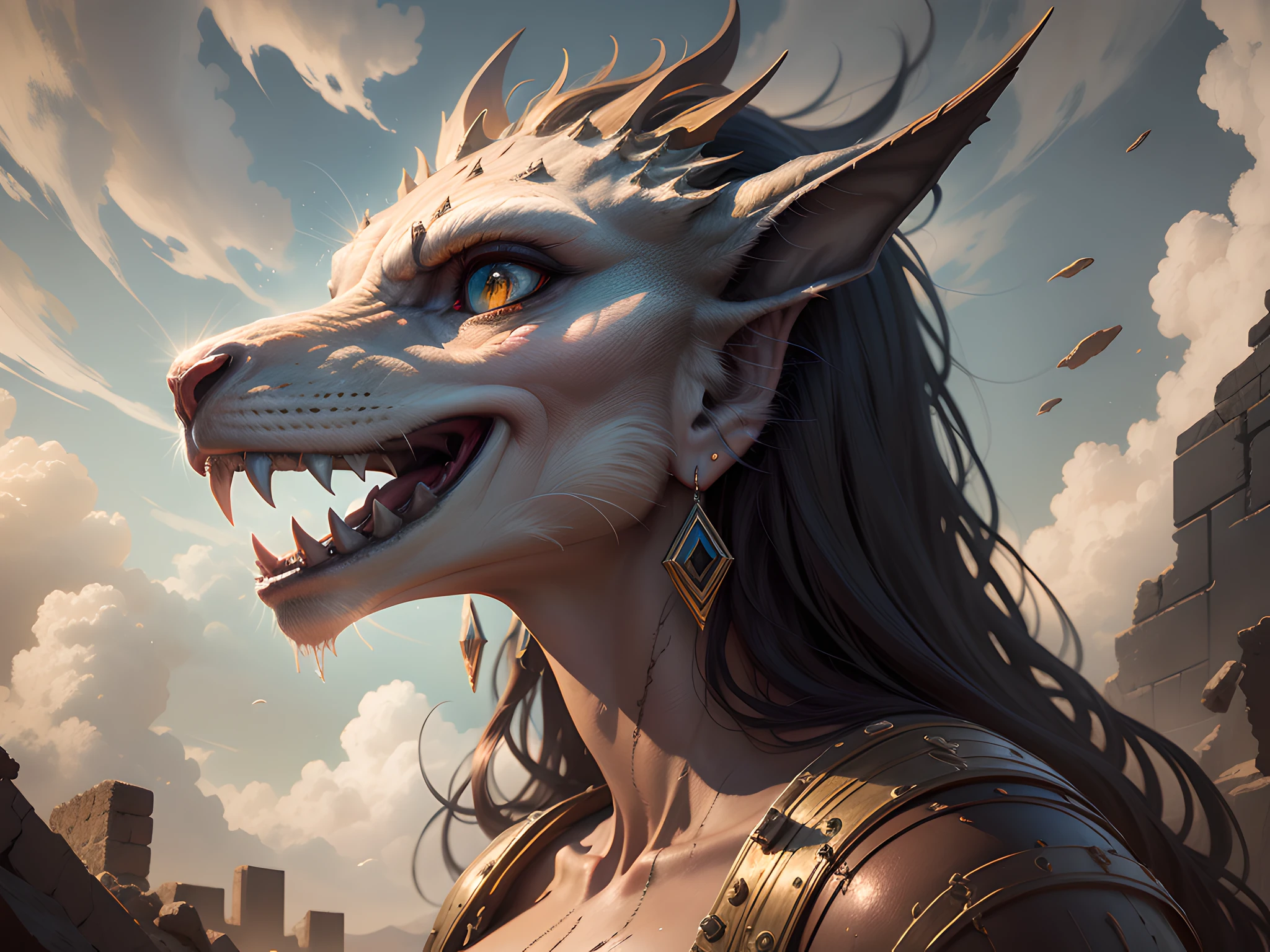 A woman with a dragon's head.In the midst of the ancient ruins of a lost civilization, a mesmerizing scene unfolds—a dragon-headed woman stands tall, roaring with intensity. The harsh sunlight bathes the desert landscape in warm tones, casting dramatic shadows around the imposing figure. The woman's dragon head exudes a powerful aura, and her eyes are fierce yet captivating. Salvador Dali's surrealistic touch brings a dreamlike quality to the painting, enhancing the overall mystique. The medium used is oil on canvas, with the artist expertly blending earthy colors and golden accents to add depth and richness to the artwork, resulting in a high-definition, 4K masterpiece.