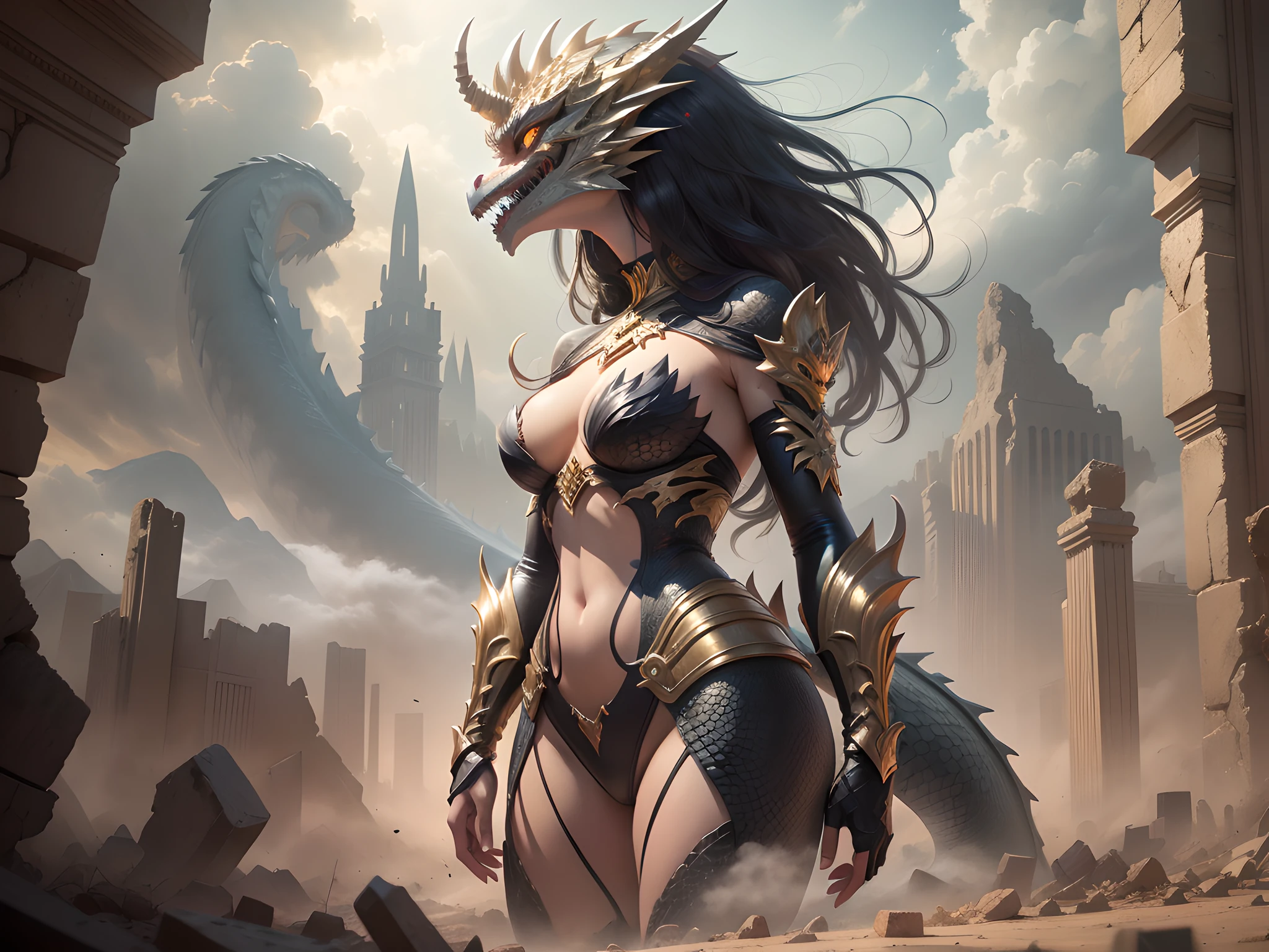 A woman with a dragon's head.In the midst of the ancient ruins of a lost civilization, a mesmerizing scene unfolds—a dragon-headed woman stands tall, roaring with intensity. The harsh sunlight bathes the desert landscape in warm tones, casting dramatic shadows around the imposing figure. The woman's dragon head exudes a powerful aura, and her eyes are fierce yet captivating. Salvador Dali's surrealistic touch brings a dreamlike quality to the painting, enhancing the overall mystique. The medium used is oil on canvas, with the artist expertly blending earthy colors and golden accents to add depth and richness to the artwork, resulting in a high-definition, 4K masterpiece.