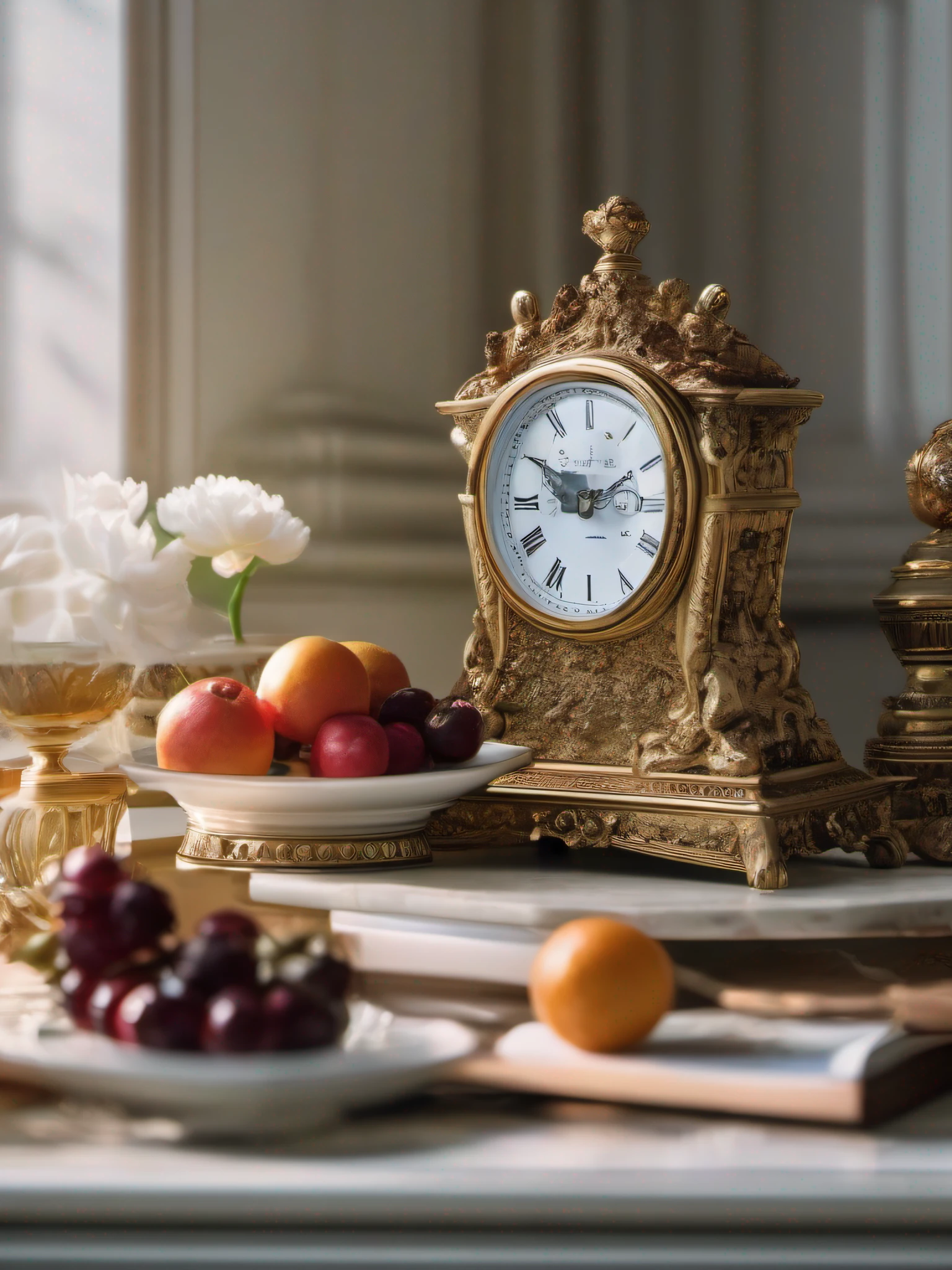 detailed photorealistic orthogonal front view of compact still life with dishes, coffee service, table clock, glasses, bottles, flasks, decorative marble statuettes, flowers, etc. netral background, cinematic lighting, contrast lighting, dslr, photorealistic, hyperrealistic, lifelike texture, insanely intricate details, amazing fine detail, hyper detailed, sharp focus, ultra high res, photographed with Nikon d5600 f5.6 lens 500mm, Kodak portra 400, RAW