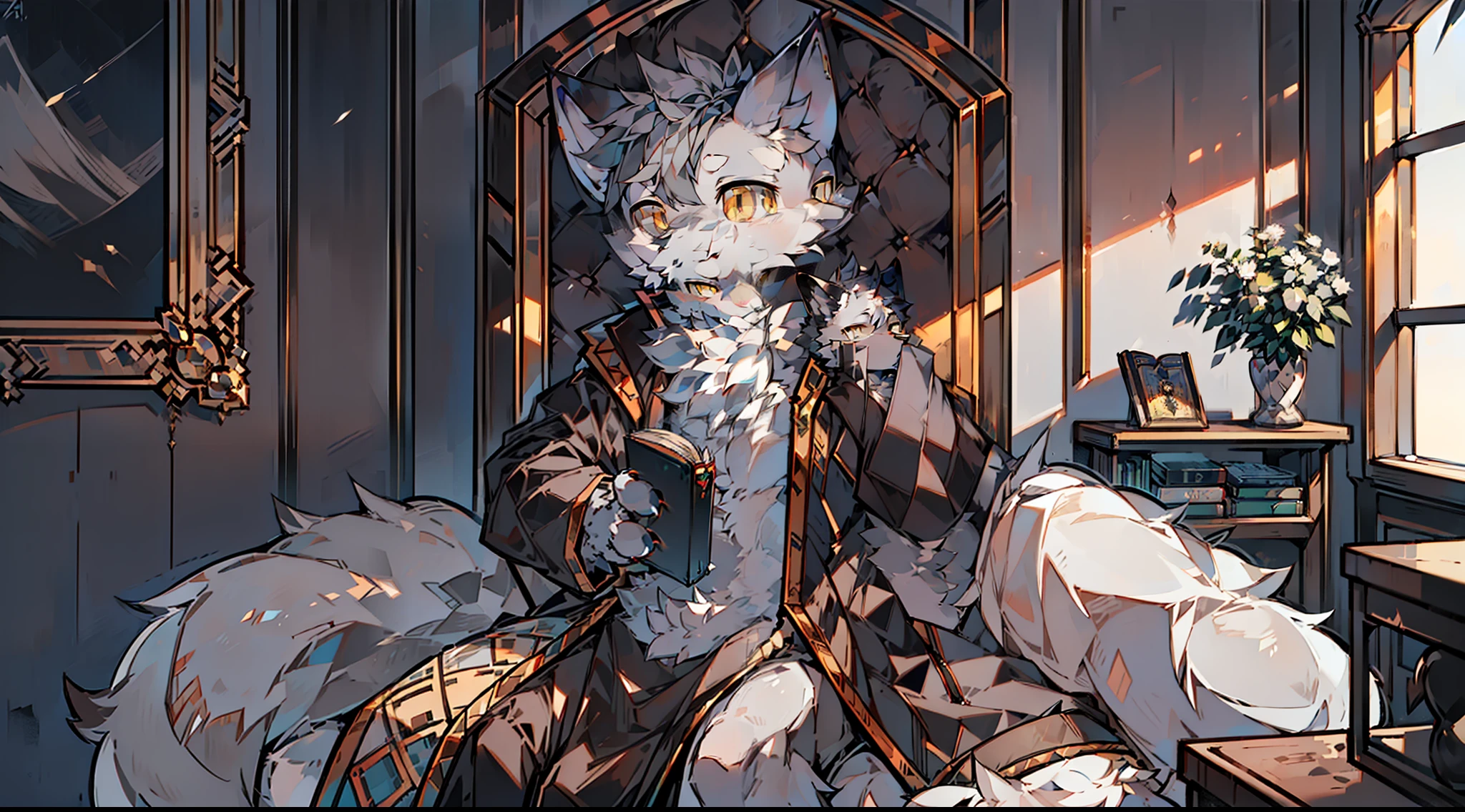 high detail, hyper quality, high resolution, 1080P, solo, furry, (male arctic fox: 1.5), (gray fur: 1.3), gray skin, gray ears, golden eyes, sharp claws, (fluffy tail: 1.2), sitting in chair reading a book, in the room, natural lighting, detailed background