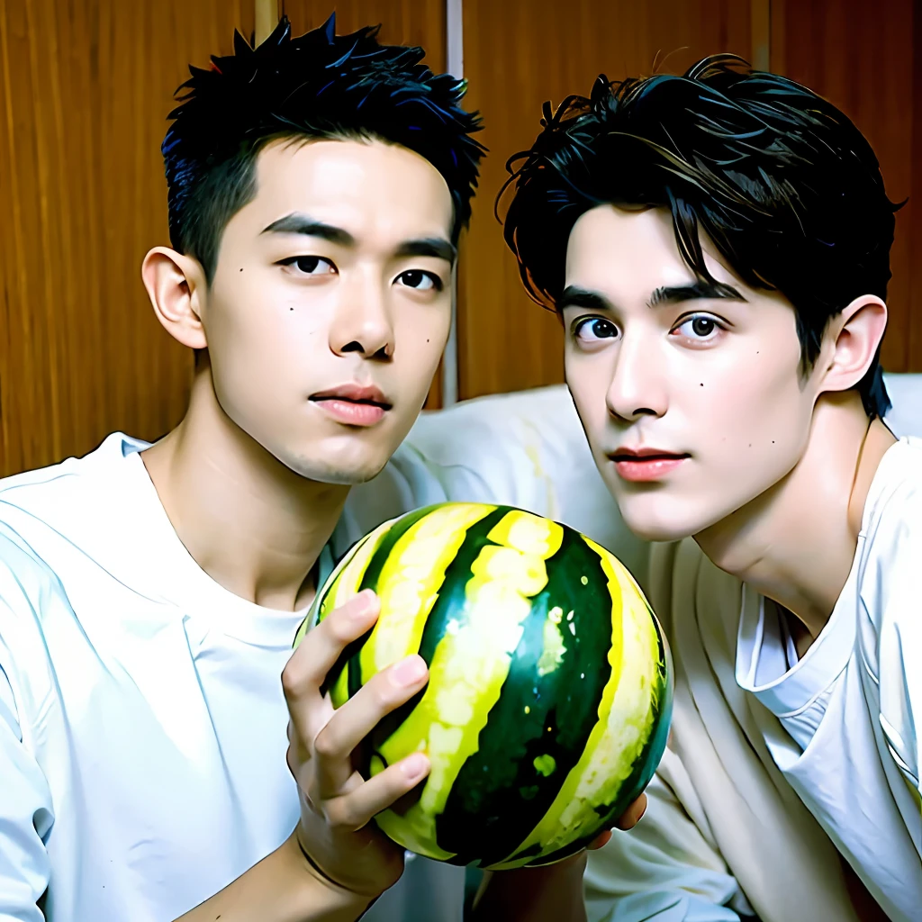 best qualtiy，（realisticlying：1.4）， tmasterpiece， Kodak Portra 400， white bed sheet，（Face focus：1.3），1boys ，white skinned，Show muscles，Cool in summer，Eating watermelon，Large pieces of watermelon， posing on a，Midjourney and greg rutkowski's Fujifilm XT3 realistic painting art