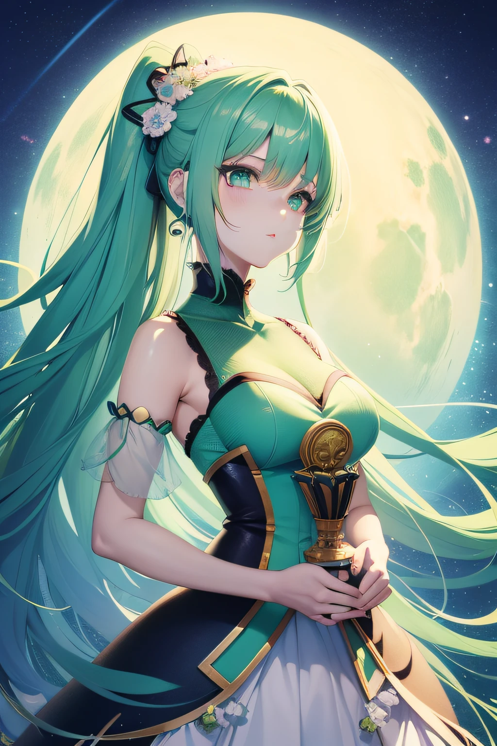 Anime girl with green hair holding a fan and a fan, animeaesthetic, Anime girl with teal hair, dreamy psychedelic anime, Beautiful anime artwork, anime styled digital art, Guviz-style artwork, Detailed digital anime art, Beautiful anime art, aesthetic award winning anime, clean and meticulous anime art, Guviz, beautiful anime art style