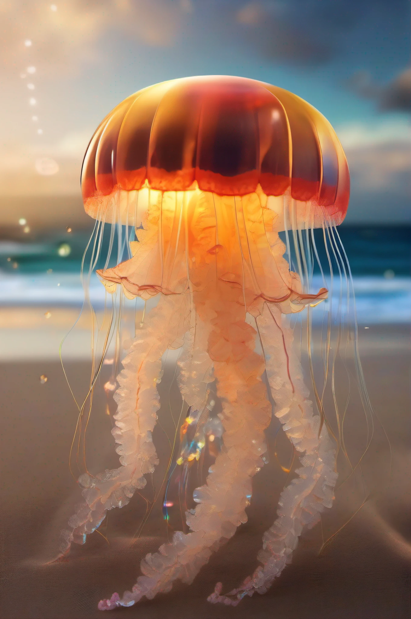 8k wallpaper，Bright style，rainbowing，Crystal clear jellyfish，sandbeach，with light glowing，rays of sunshine,