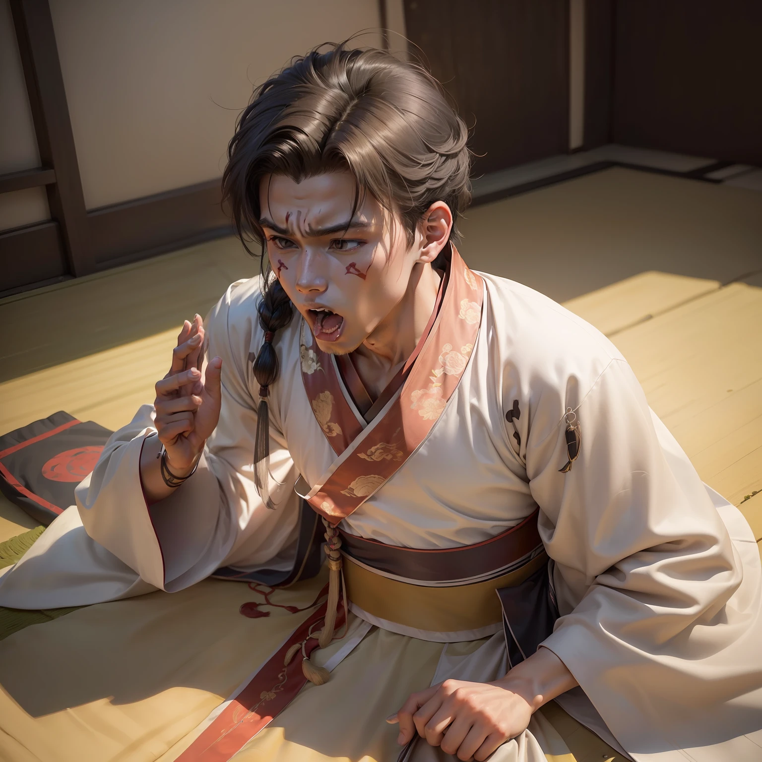 (A 20-year-old man wearing Hanfu:1.4)(A look of horror appeared on his face，Shouted with his mouth open：1.5)（The body is lying down：1.4）（In a poorly decorated house:1.6)(whole body display:1.4)