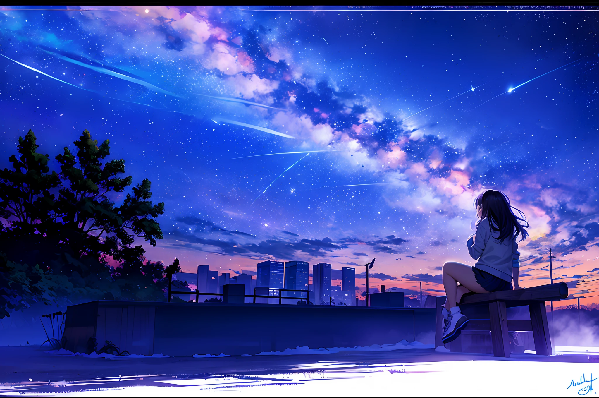octane, sky, Star (sky), scenery, Starry sky, Night, 1girll, Night sky, Solo, Outdoors, signatures, Building, Cloud, Milky Way, Sitting, tree, Long hair, City, Silhouette, Cityscape