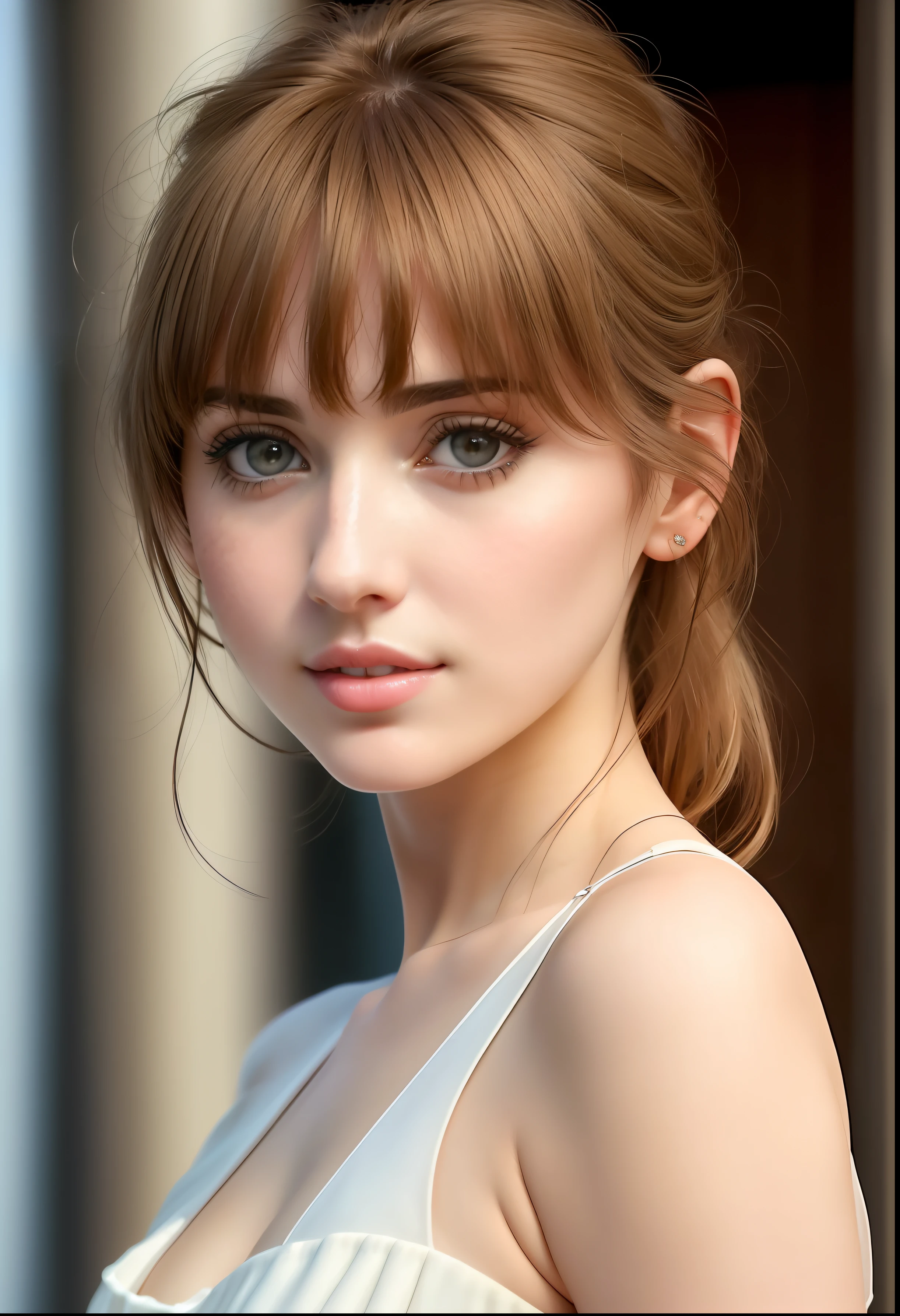Close-up of a woman with a messy cake with bangs, Anna de Armas, Ana de Armas Portrait, beautiful delicate face, Gorgeous face., Photo of Anna de Armas, Irina Nordsole Kuzmina, beautiful delicate face, Very beautiful face, Attractive feminine face!!!, Stylish hair with bangs, lalisa manobal, Beautiful feminine face
