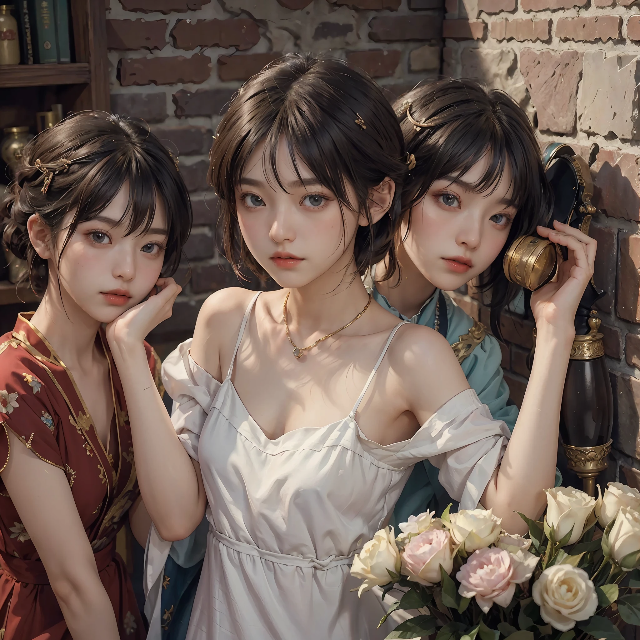 (RAW Photography、top-quality)、(realisitic、Photorealsitic:1.3)、top-quality、high-detail、​masterpiece、ultra-detailliert、illustratio、1girl、((very_short_hair))、dynamic ungle、world masterpiece theater、((Regular_hairstyle))、top-quality、the Extremely Detailed CG Unity 8K Wallpapers、inky、magnifica、电影灯光、lens_flare、dunhuang_style、Beautiful brick wall、vases、Hotels in London、poster for