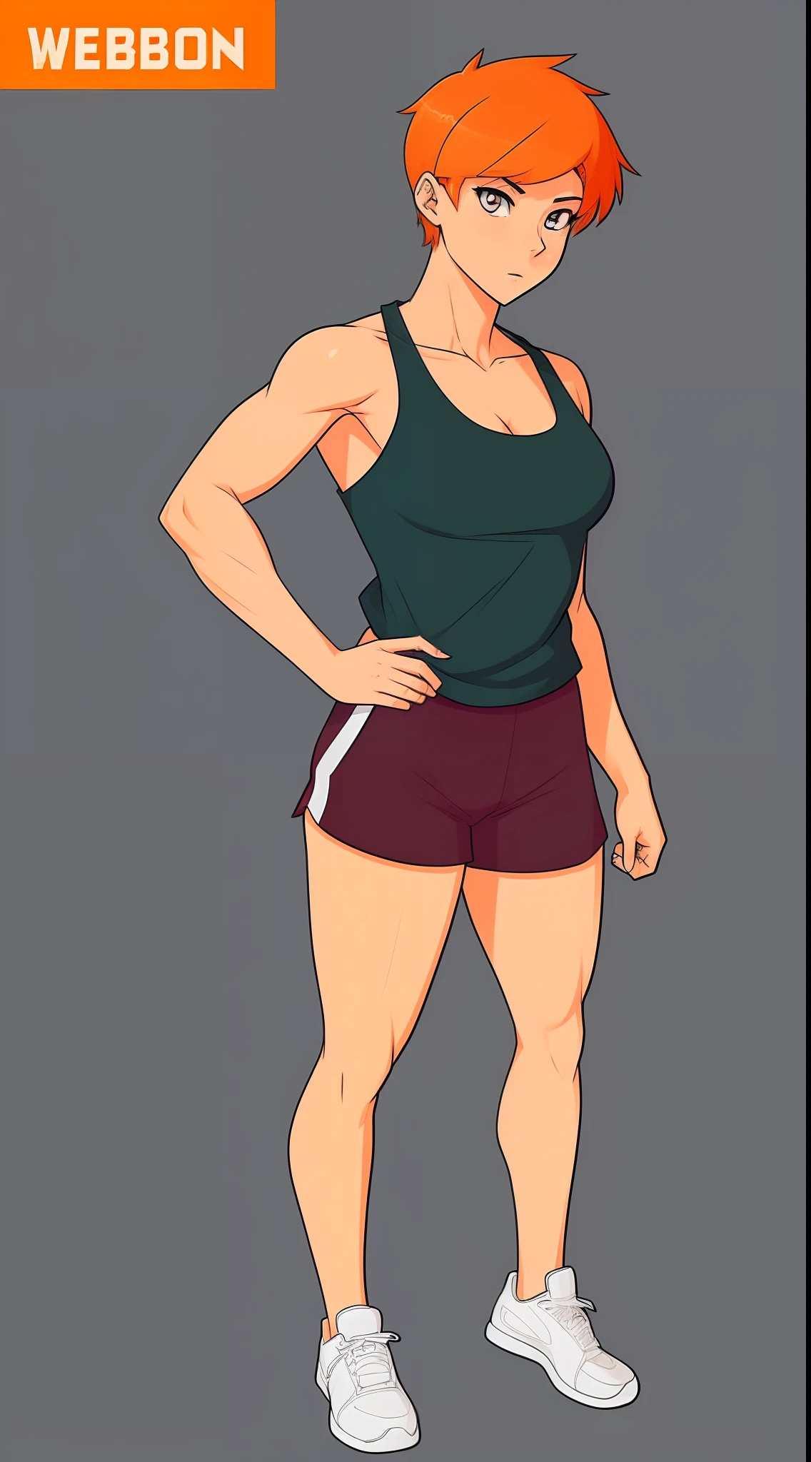 ((((Webtoon Style)))), ((((Character Description)))) girl in sportswear, short orange hair, Russian, full body, casual pose], [Ultra mega hyper ripped muscles]