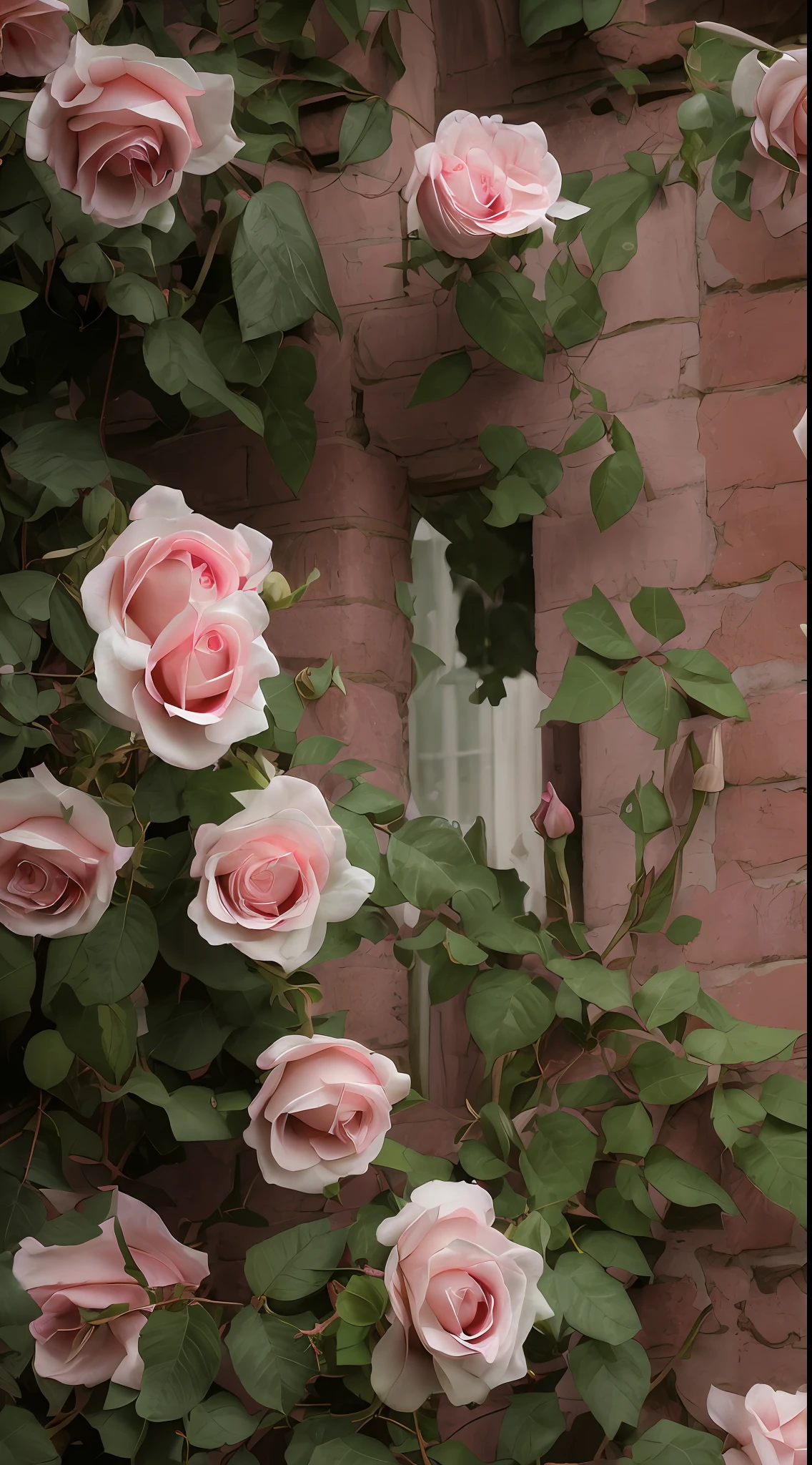 Pink roses grow on the brick wall near the window, rose twining, rosette, flowering vines, a few roses, portal made of roses, pink rosa, Rose garden, flowers and vines, rosses, Pink flowers, Rozen Maiden, Incredibly beautiful, Inspired by Anne Ross Lane, roses in cinematic light, Inspired by Ross O'Neill