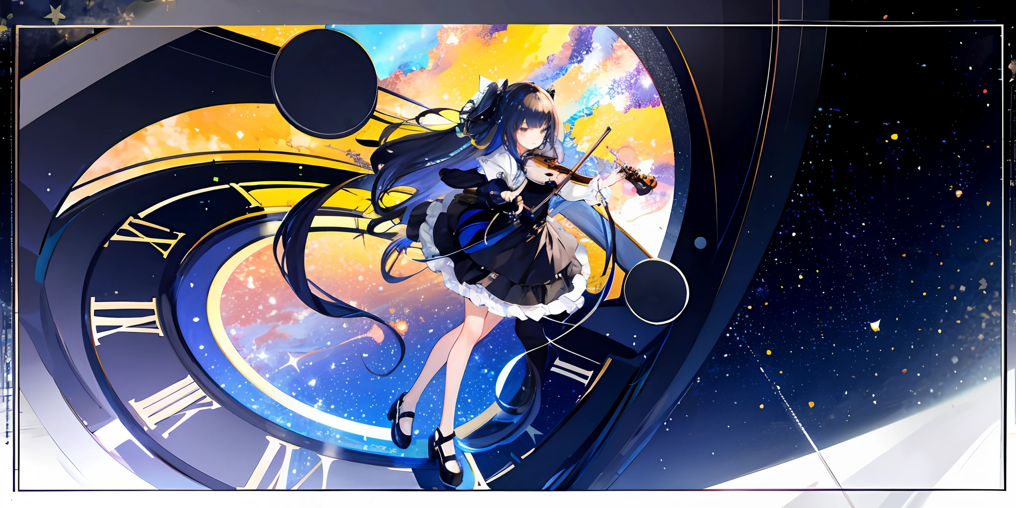 Girl wearing Mary Jane shoes and black and white dress，Stand up and play the violin，The background is the cosmic starry sky and clock