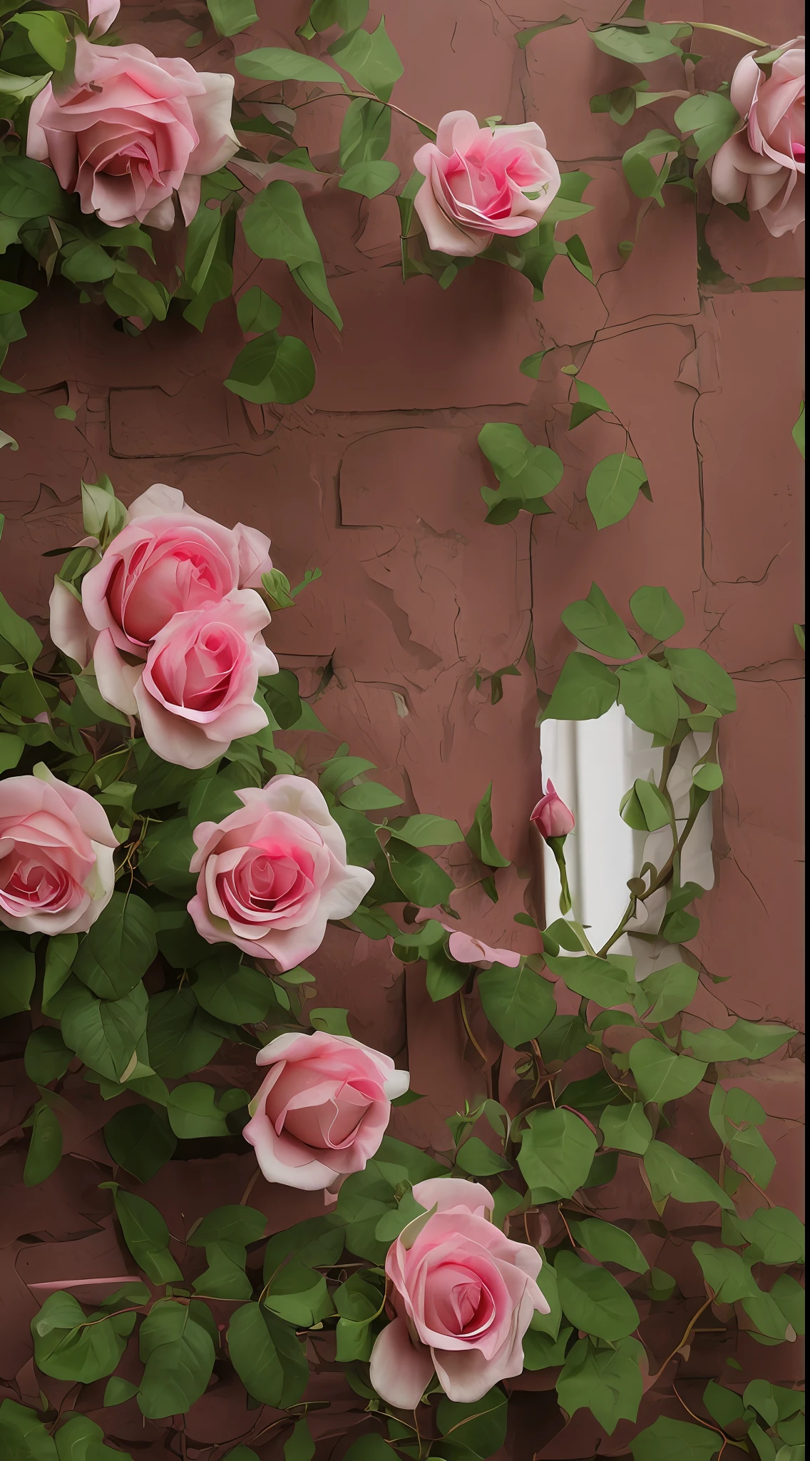 Pink roses grow on the brick wall near the window, rose twining, rosette, flowering vines, a few roses, portal made of roses, pink rosa, Rose garden, flowers and vines, rosses, Pink flowers, Rozen Maiden, Incredibly beautiful, Inspired by Anne Ross Lane, roses in cinematic light, Inspired by Ross O'Neill