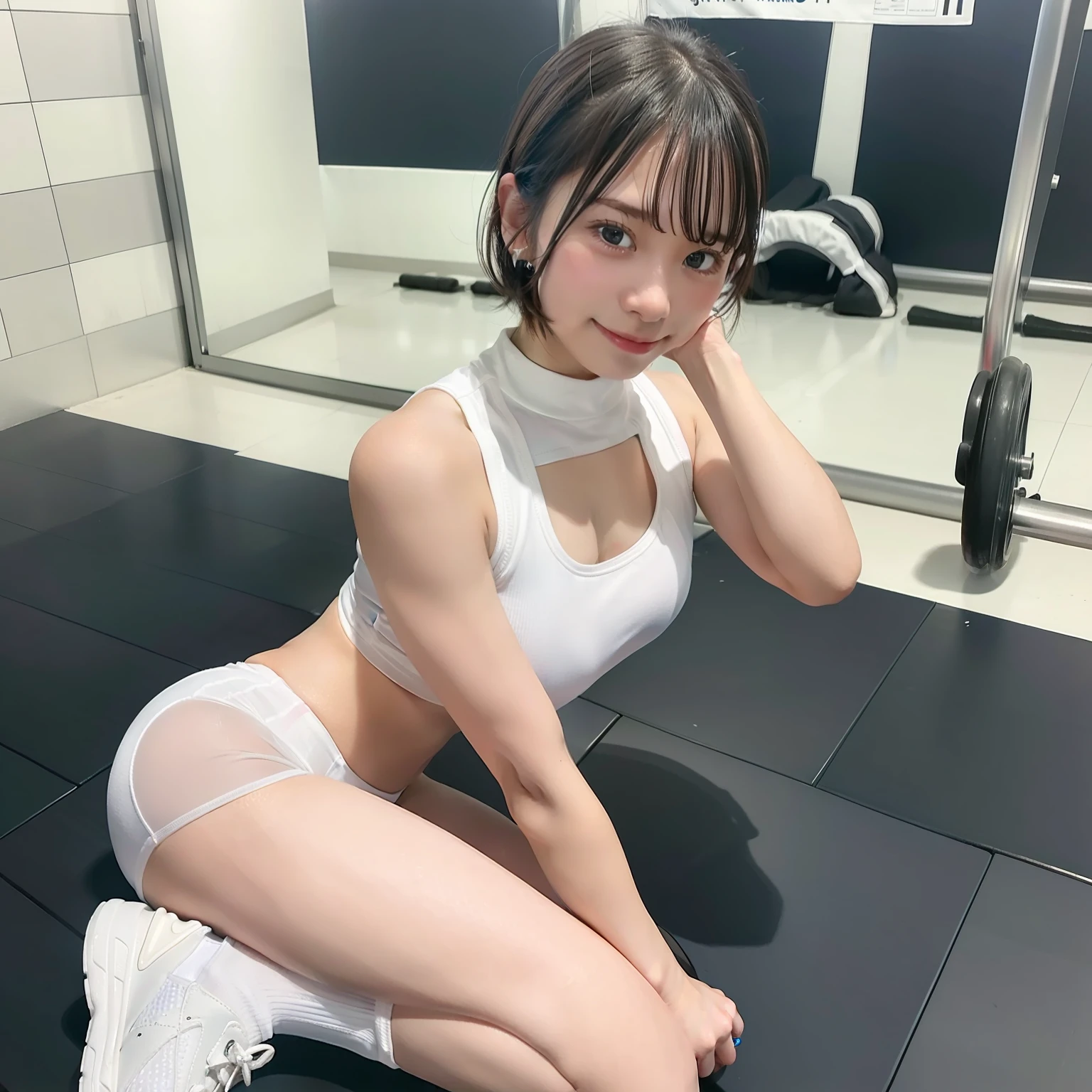 Realistic Sports Girl Change clothes at the gym small tits short-hair Athletic Wear teats see through ssmile Sneakers and short socks sports gym Crotch line emphasis sweat-wet skin See-through uniform