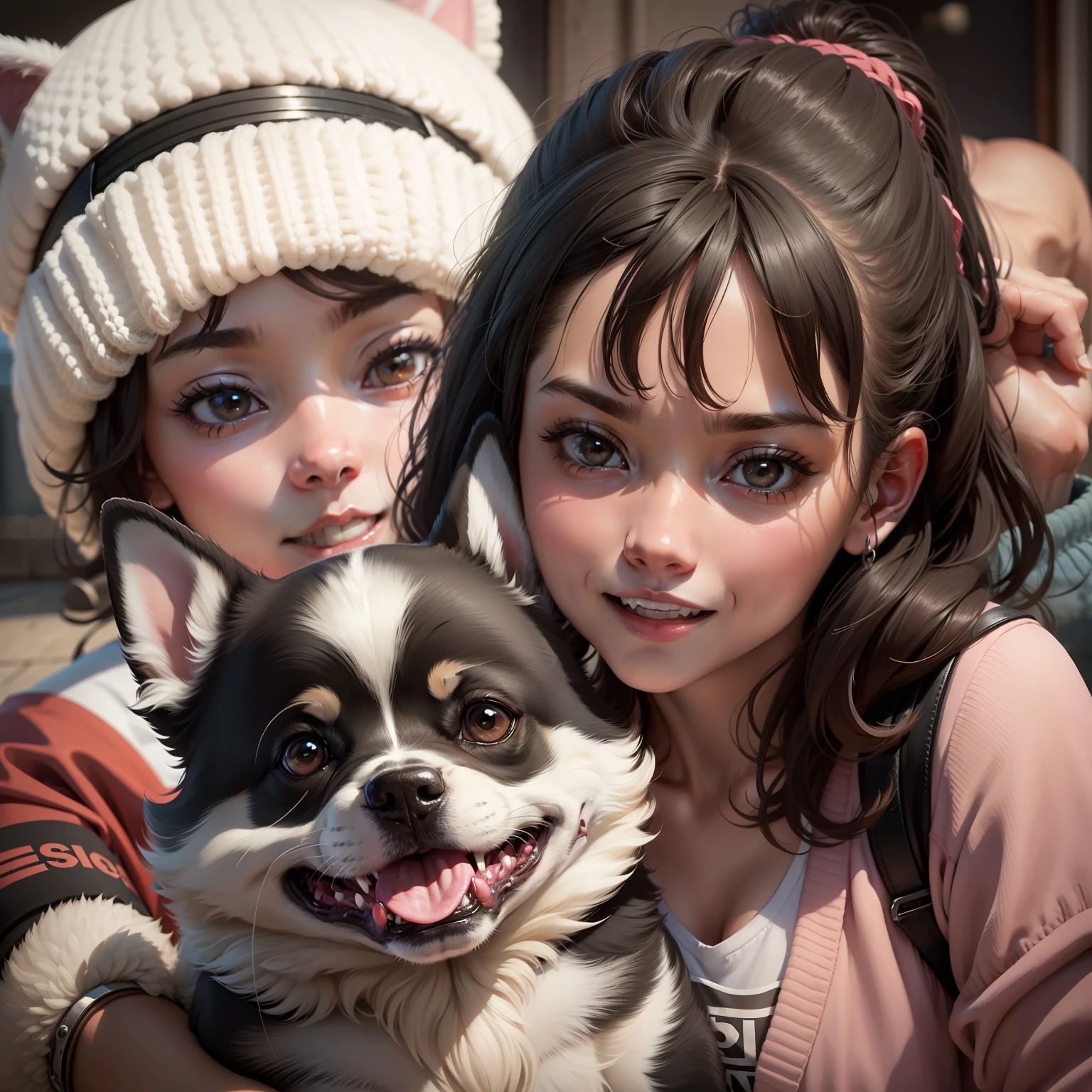 Two people see a cute dog,Happy alone,The other person is afraid