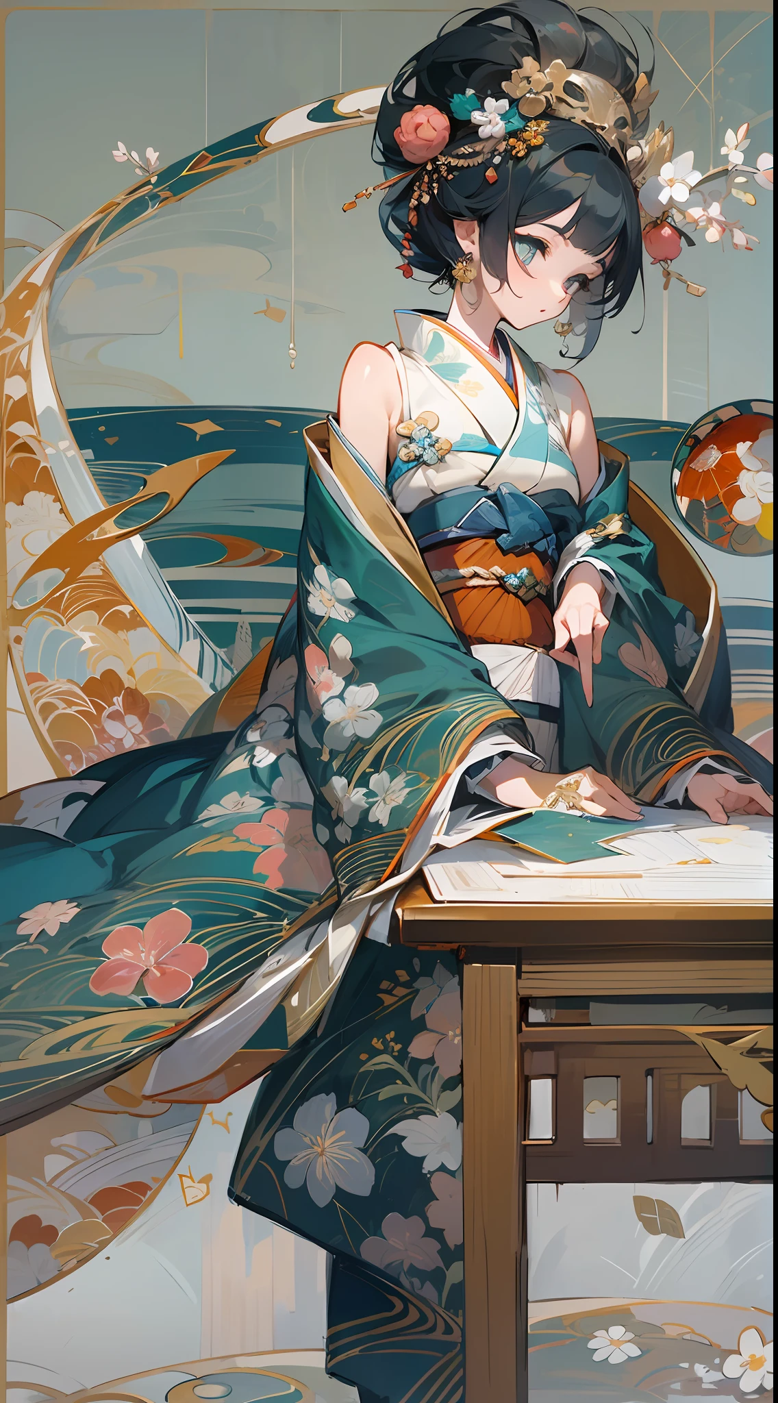 (Masterpiece, Top quality, Best quality, offcial art, Beautiful indulgence: 1.2), (Japanese dress), arms back behind, (Upper body only), (1 girl: 1.3), Japan  Woman, Very detailed, Colorful, best detail ((Super detailed)), (Very detailed 2DCG illustration), (((Very delicate and beautiful)) (Seated), Expressionless, Black hair, kanzashi, Earrings --auto --s2