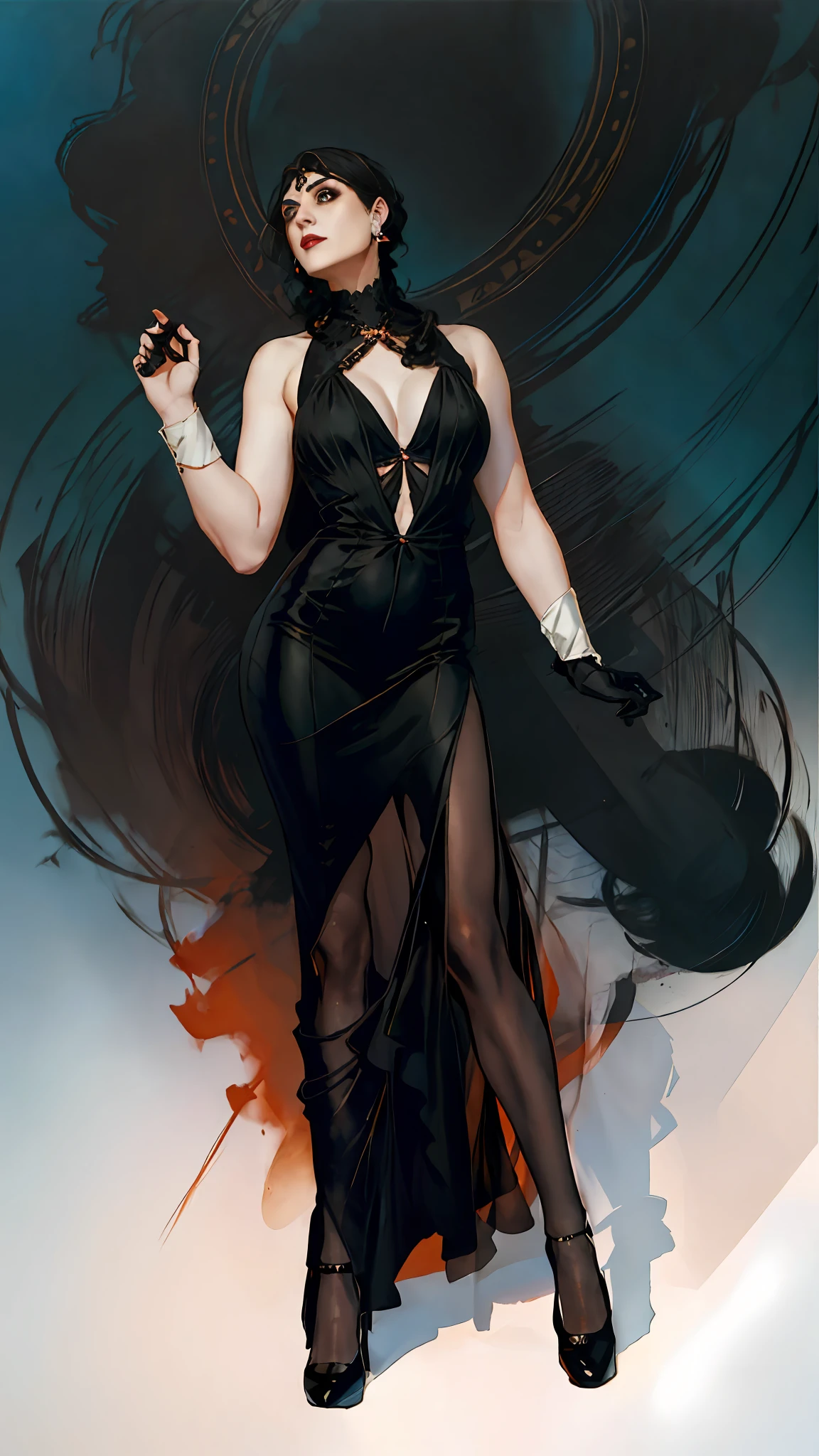 there is a woman in a black dress posing for a picture, hajime sorayama designed girl, Jeffrey Catherine Jones pose, Charlie Bowater style, style of raymond swanland, Inspired by Jeffrey Catherine Jones, style ivan talavera and artgerm, Artgerm Greg Rutkowski _ greg, charlie bowater character art, Raphael Albuquerque Comic Art