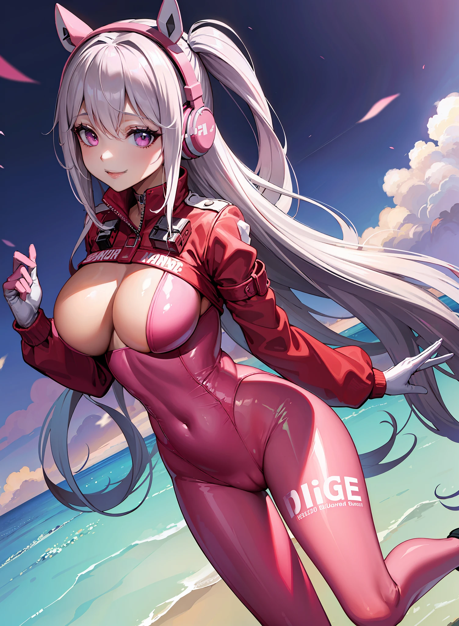 (Photorealsitic:1.4)、top-quality、超A high resolution、
4k, instagram,
ighly detailed、
alice\(Nicke\)、pink bodysuit、animal ear、Fake animal ears、gloves、headphones、headset on head、
jaket、Pink latex bodysuit、Pink eyes、Twin-tailed、white glove、White hair、
Virtual Girl - Aim、medium chest、length hair、Crystal Pendant、a smile、
 FULL BODYSHOT、huge tit