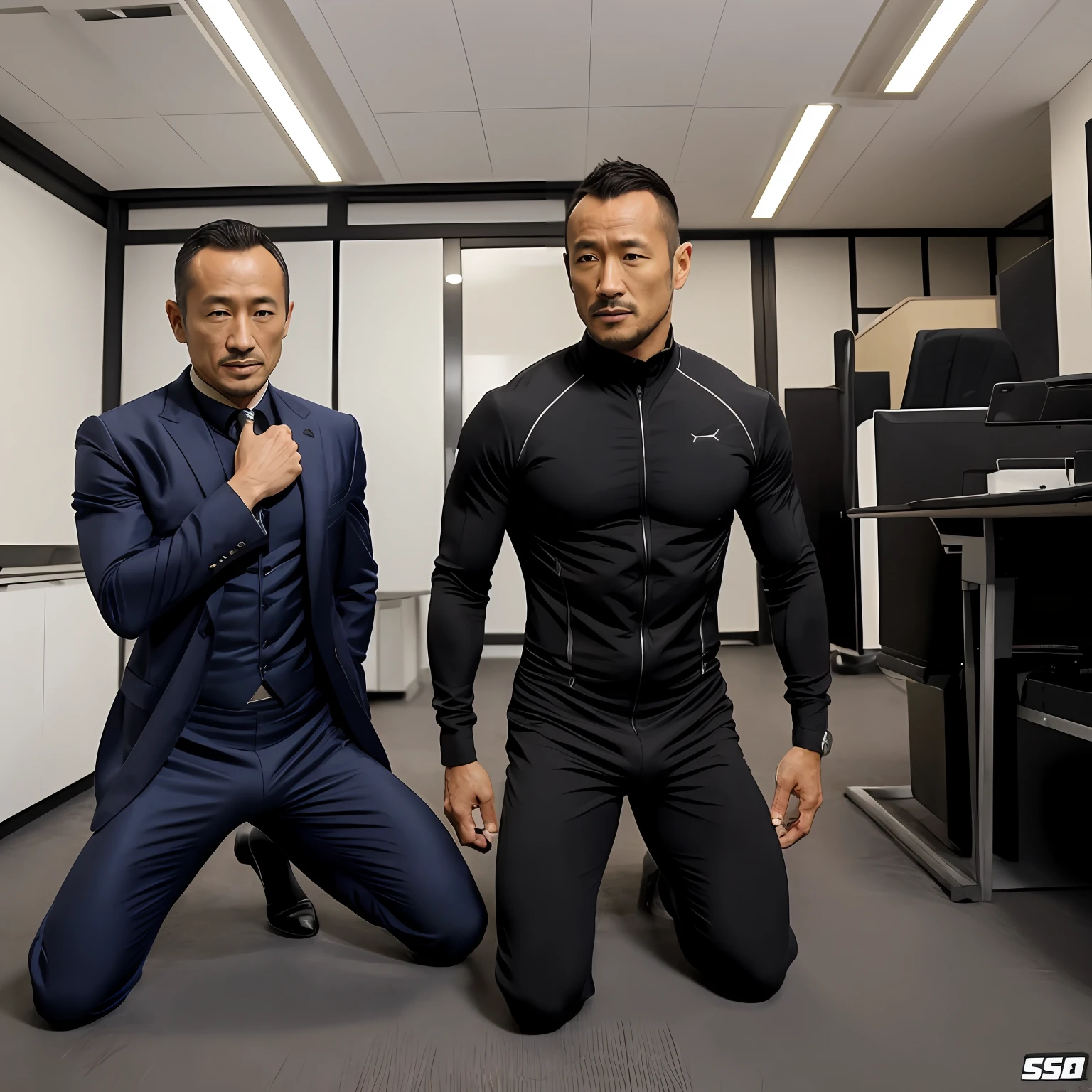 50yearsold，Hidetoshi Nakata，（Demo Mulroni 1.3），Shirtless，Tong，Bulge，office room，black long socks，Thin，musculature，lbeard，fortitude，artwork of a，tmasterpiece，k hd，ssmile，tightsuit，Kneeling，two guys