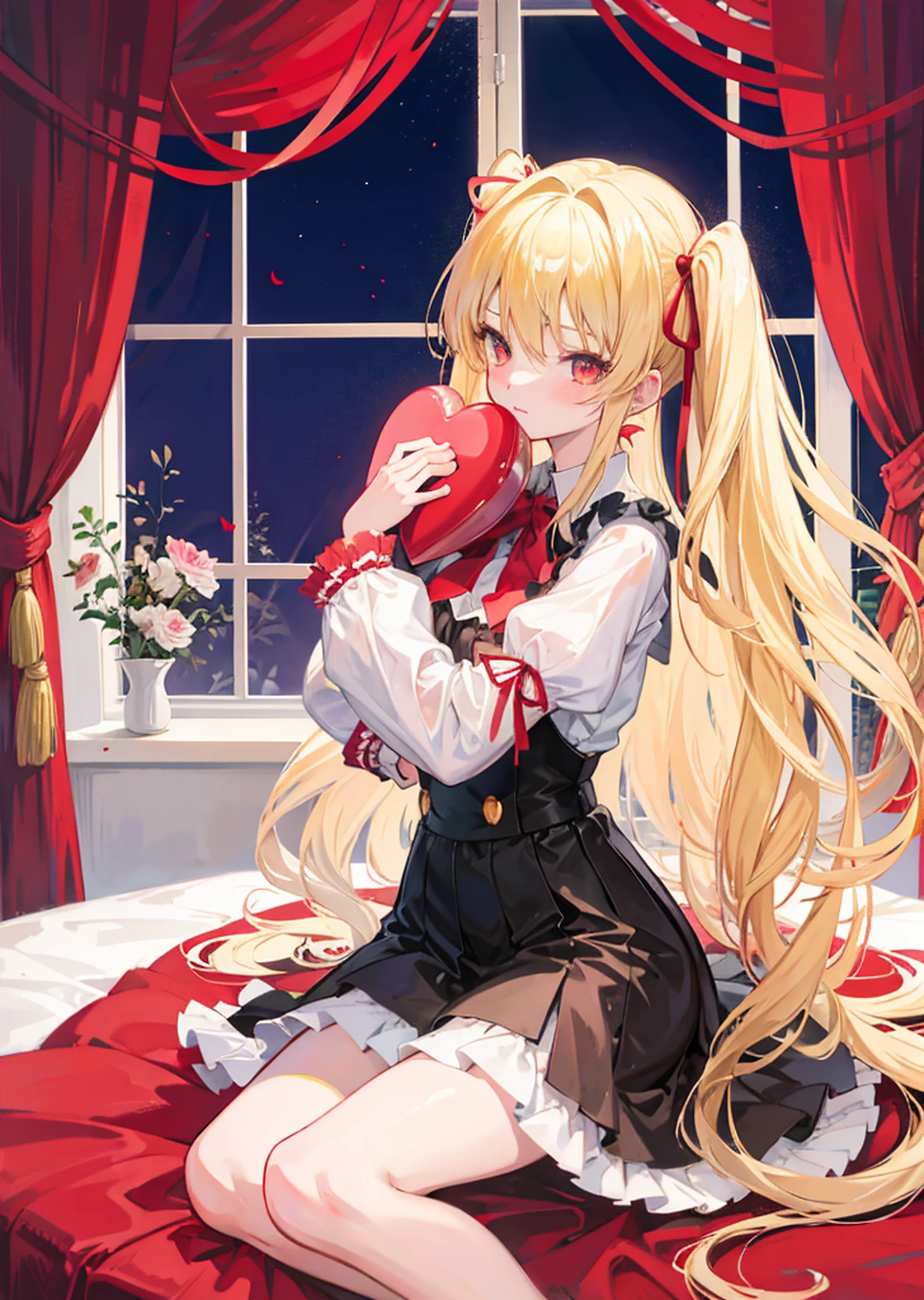 Anime girl hugging red heart in room, umineko, Top Rated on pixiv, Gapmoe Yandere, anime style like fate/Stay Night, blonde anime girl with long hair, shikamimi, waifu, small curvy loli, Shirabii, Ecchi anime style, pixiv 3dcg, popular on pixiv