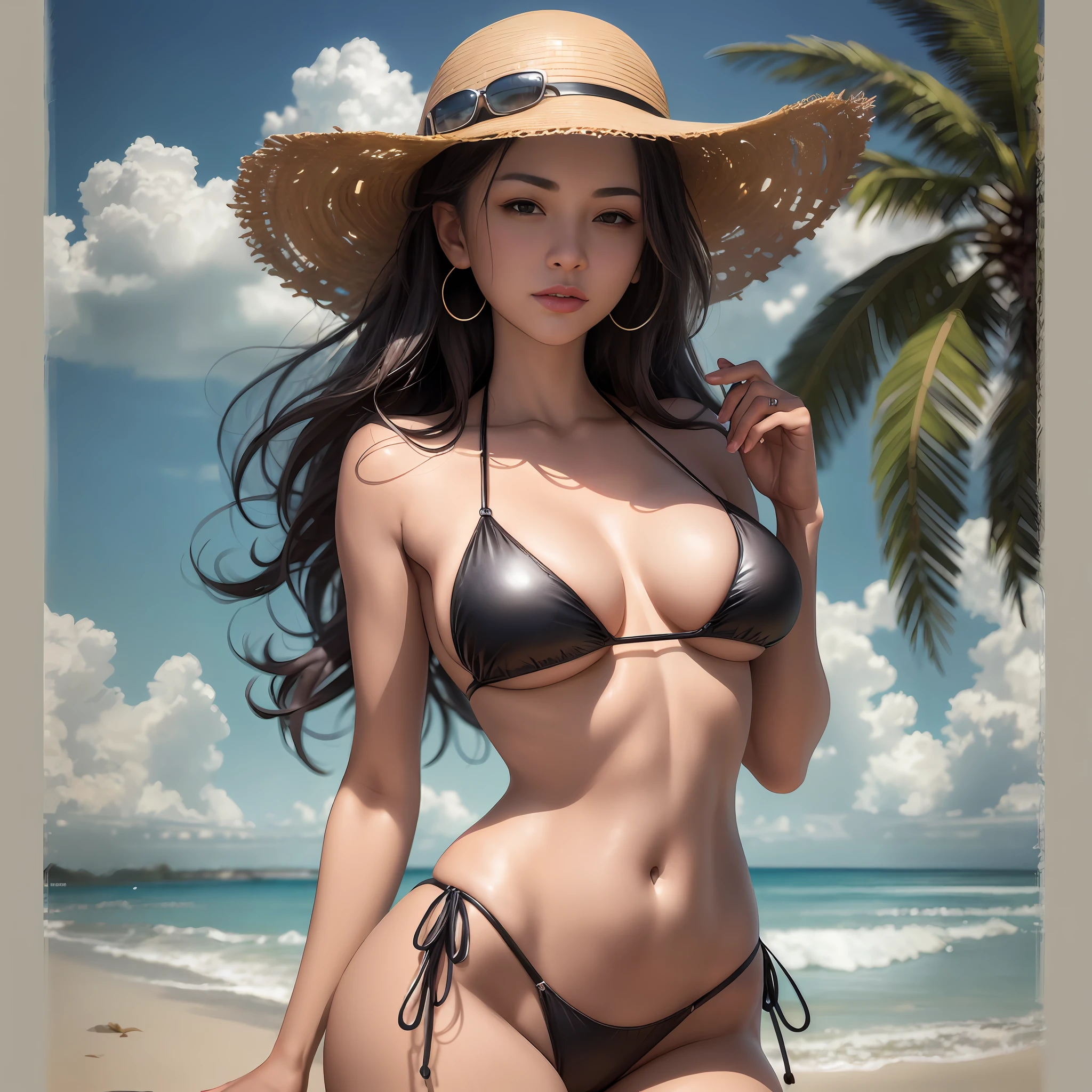 Woman in bikini and hat on the beach, realistic bikini, photorealistic perfect body, gorgeous bikini model, IG model | Art germ, Sexy girl, Deviantart ArtStation CGSCOSIETY, bikini model, swimsuit, swimsuit model, Japanese model, Beautiful Asian girl, trending on cgstation, Black bikini, elegant bikini, photo of slim girl model,with fair skin