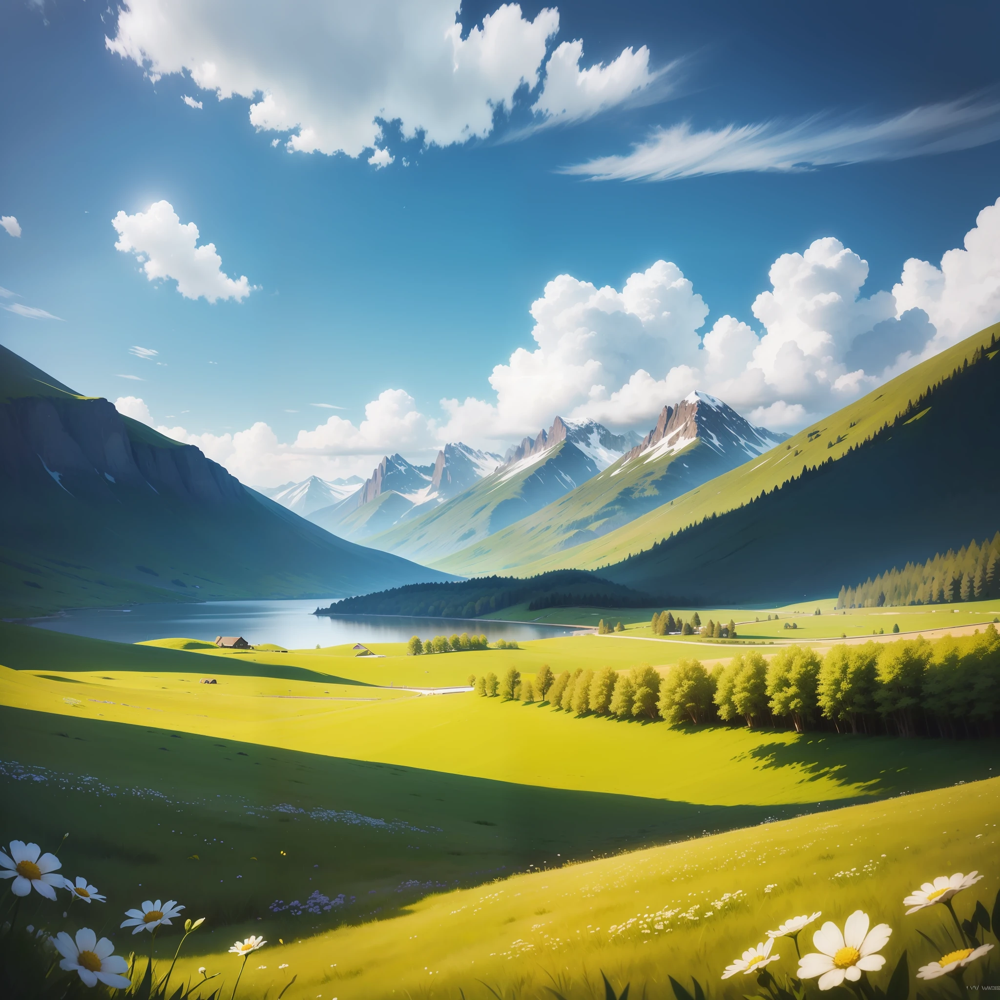 Summer, meadows, few small flowers, clear lakes, sheep, heaven, large clouds, blue sky, hot weather, HD detail, wet watermark, hyper-detail, cinematic, surrealism, soft light, deep field focus bokeh, distant view is snowy mountains, ray tracing, and surrealism. --v6